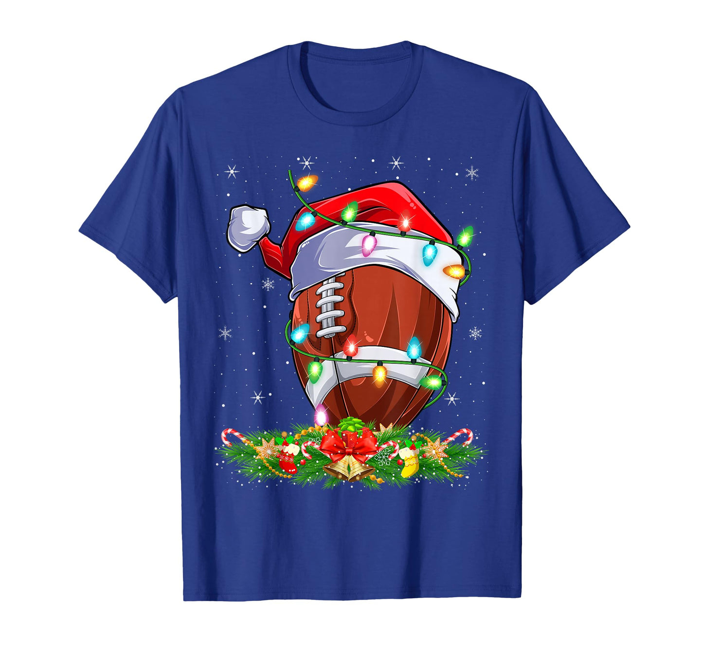 Football Christmas Lights Funny Santa Hat Football Xmas T-Shirt