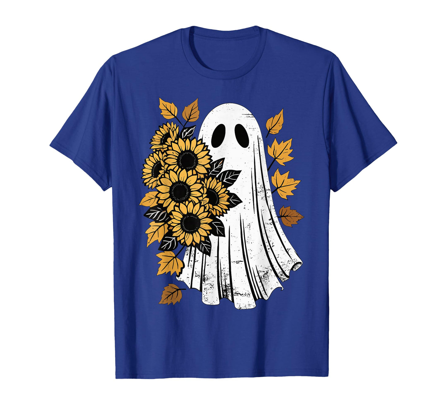 Vintage Halloween Ghost with Sunflowers Autumn Leaves Spooky T-Shirt