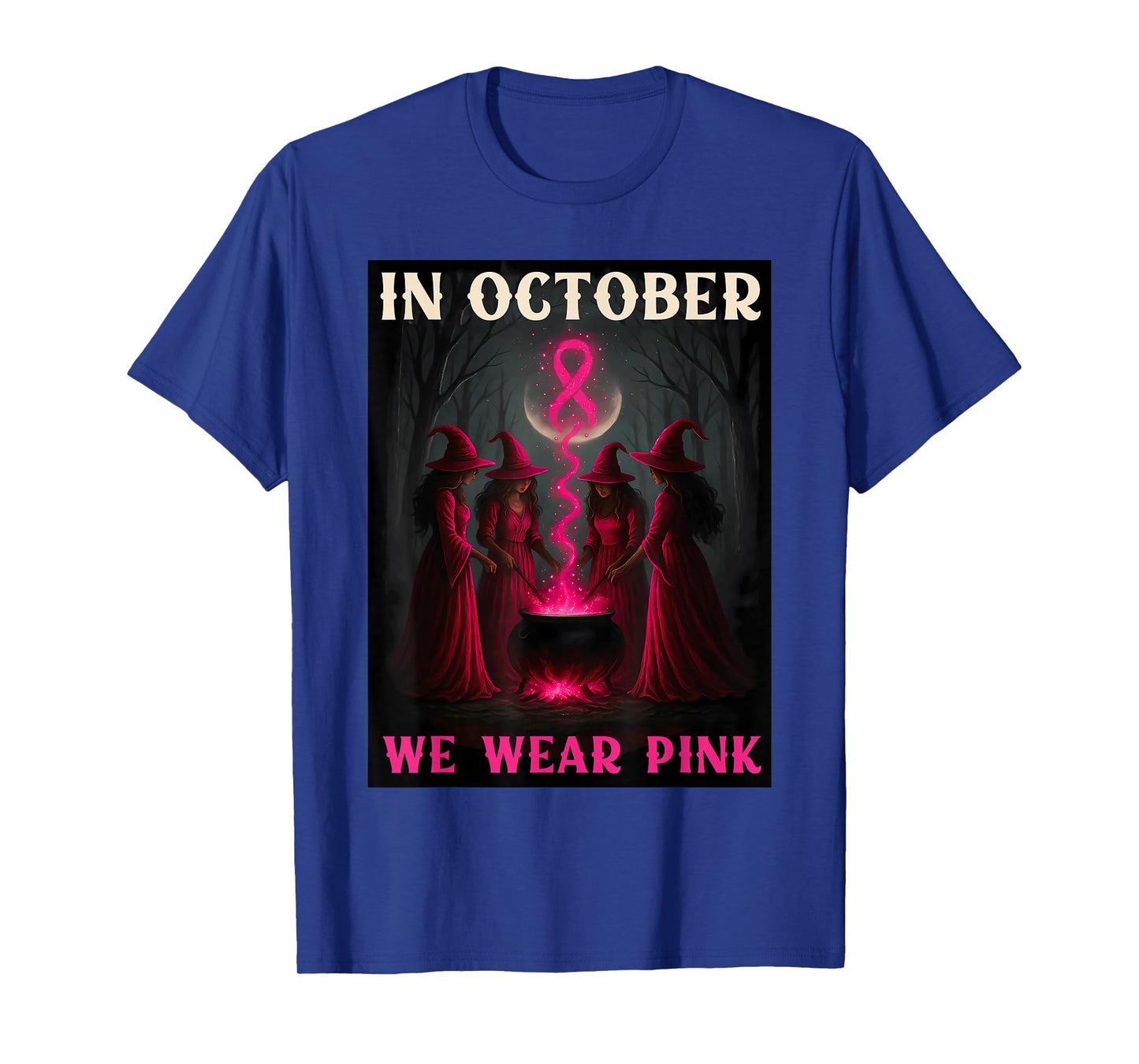in October We Wear Pink Witch Breast Cancer Halloween Retro T-Shirt