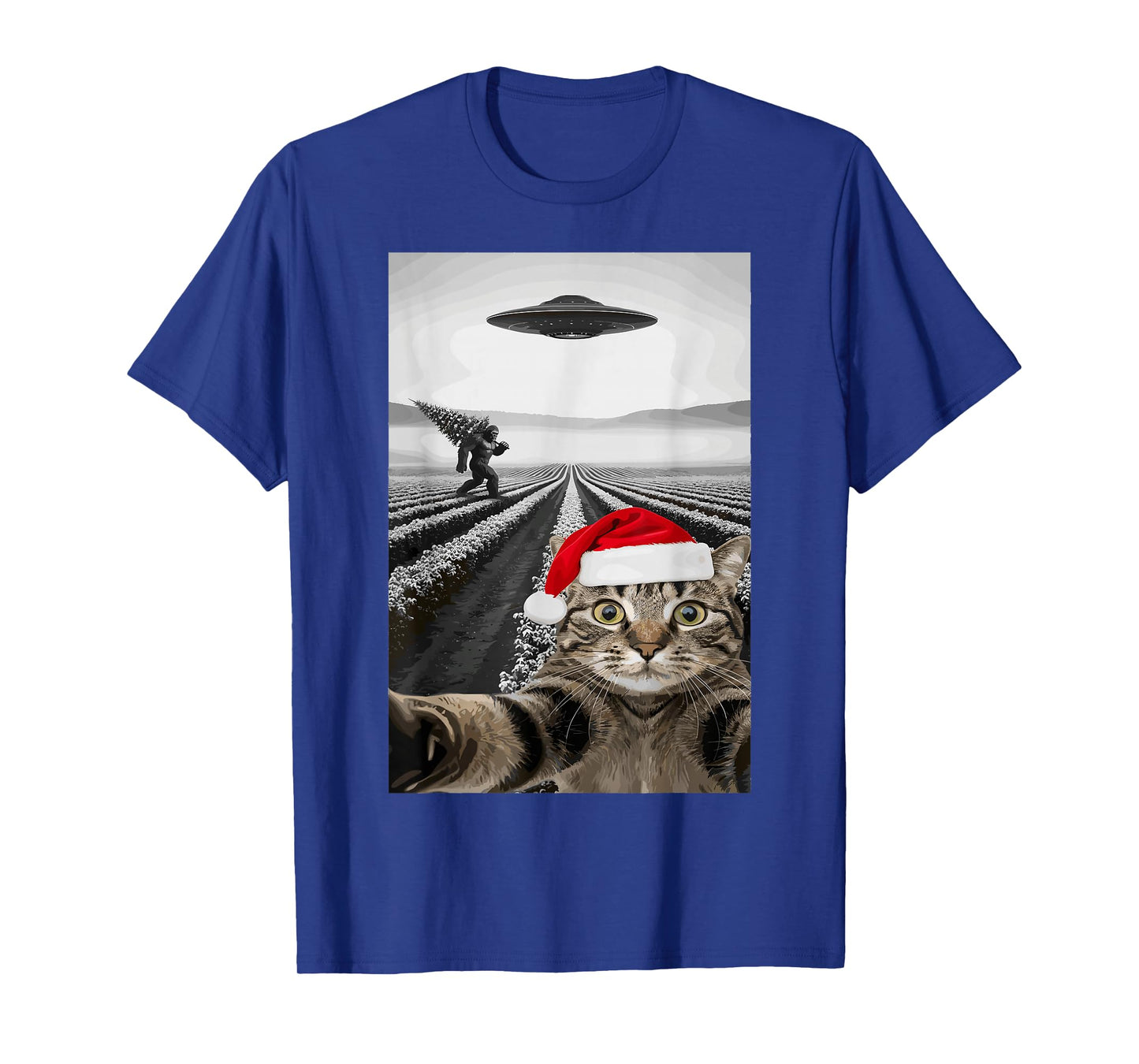 Christmas Cat Selfie Bigfoot UFO Santa Hat Funny T-Shirt