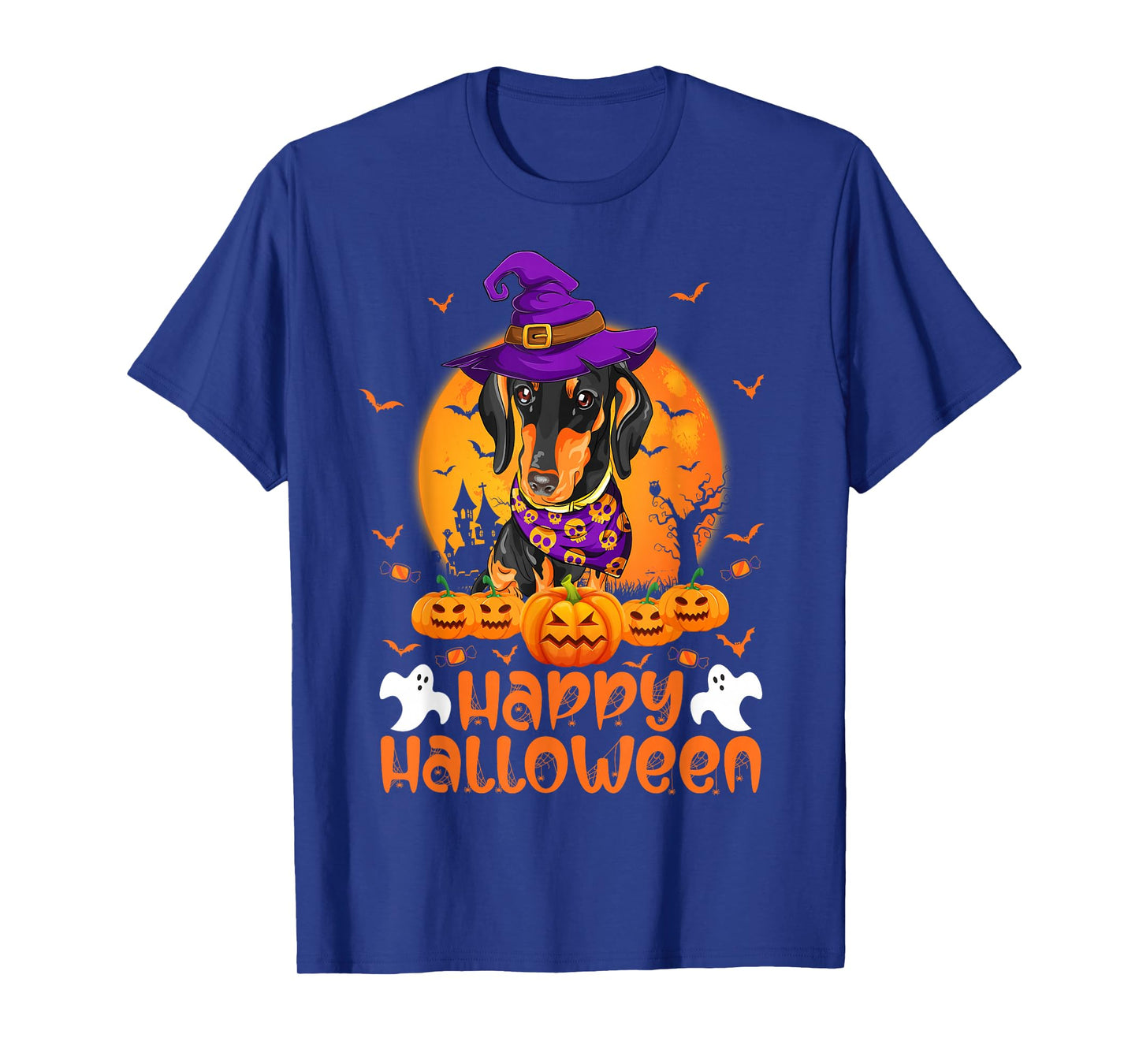 Vintage Pumpkin Dachshund Dog Witch Funny Halloween Costume T-Shirt
