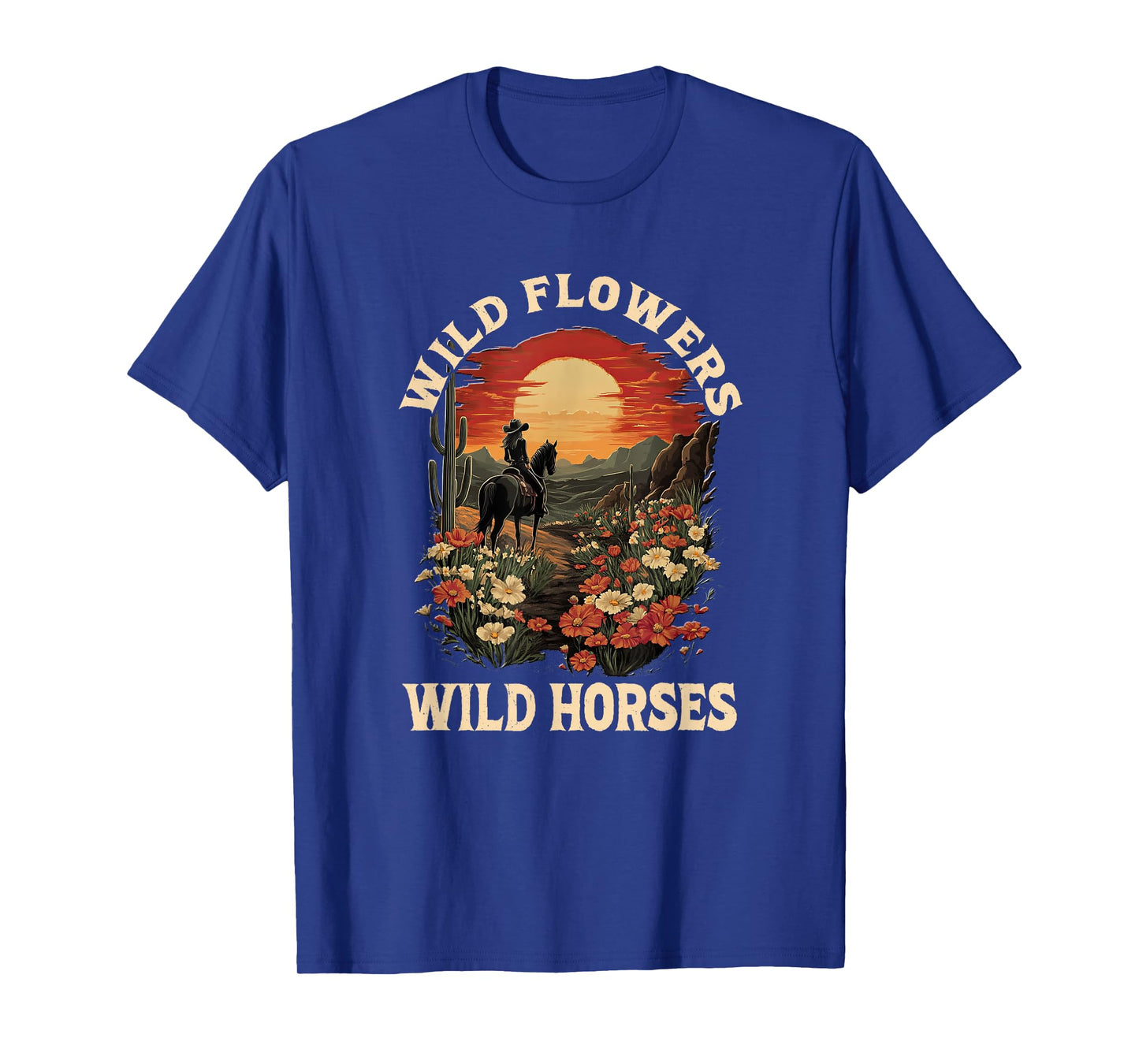 western sunset cowgirl riding horse wild flowers wild horses T-Shirt