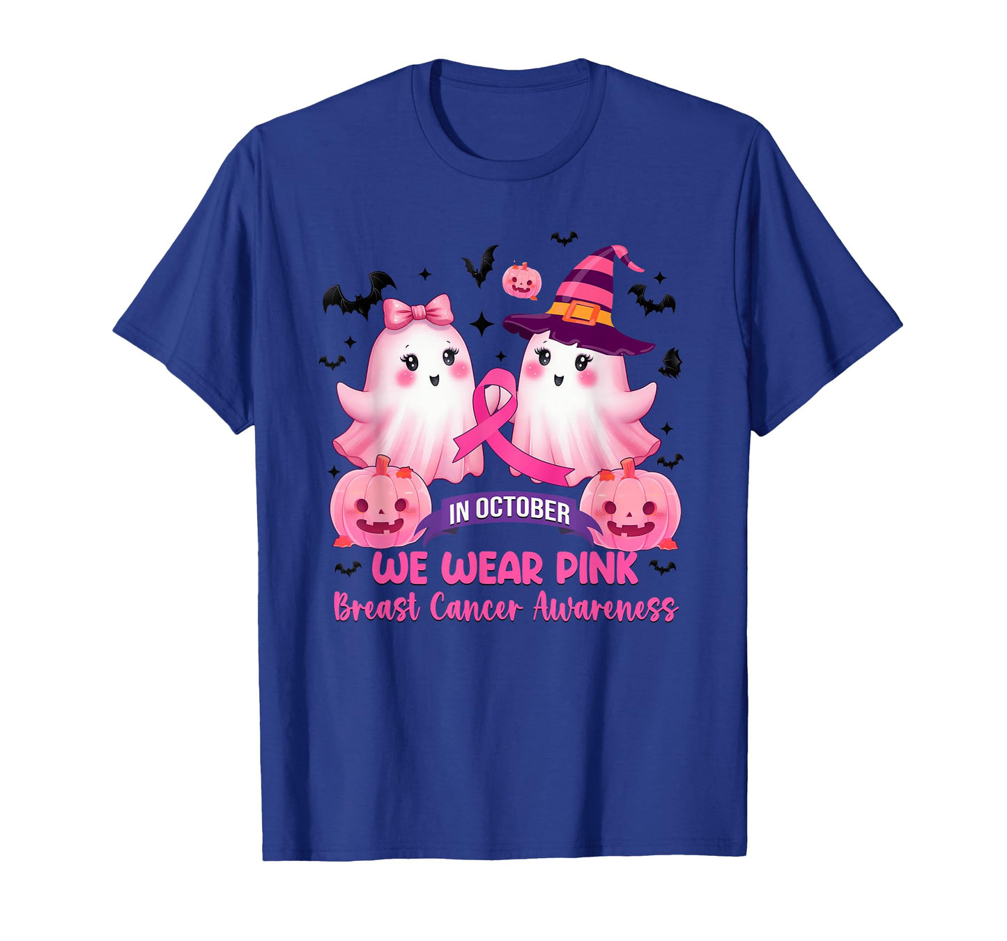in October We Wear Pink Ghost Witch Breast Cancer Awareness T-Shirt