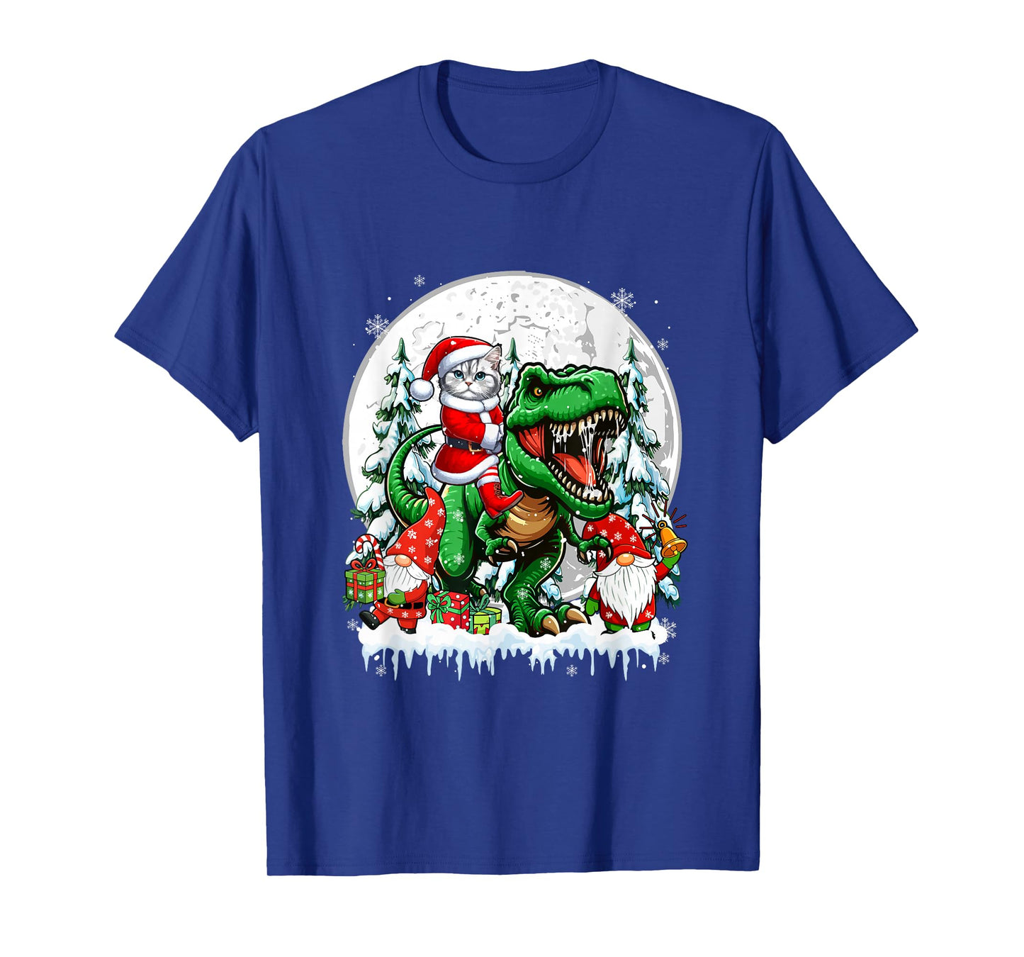 Santa Cat Riding T-Rex Gnomes Christmas Trees Family Kids T-Shirt