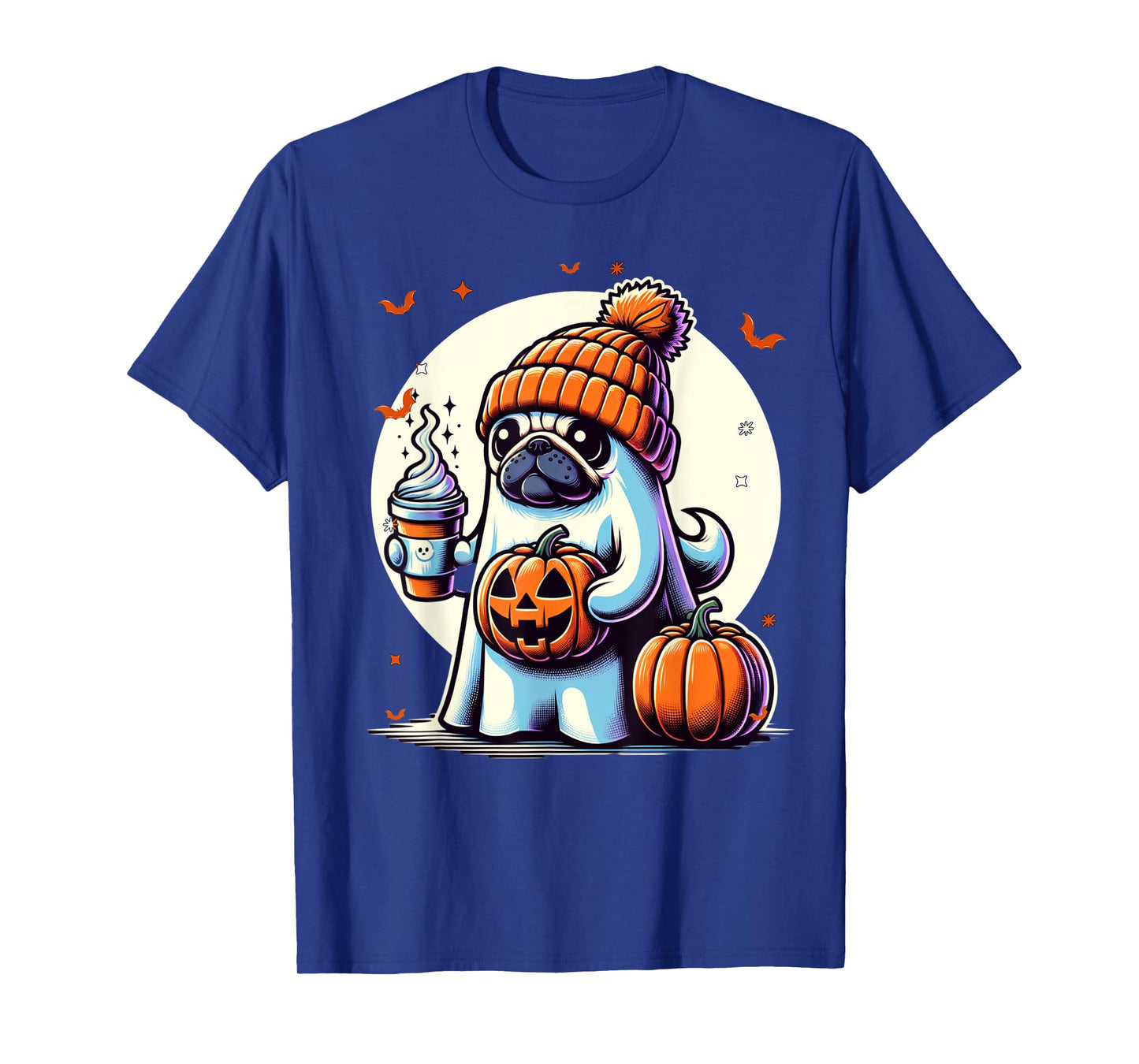 Ghost Pug Pumpkin Drinks Beanie Fall Halloween T-Shirt