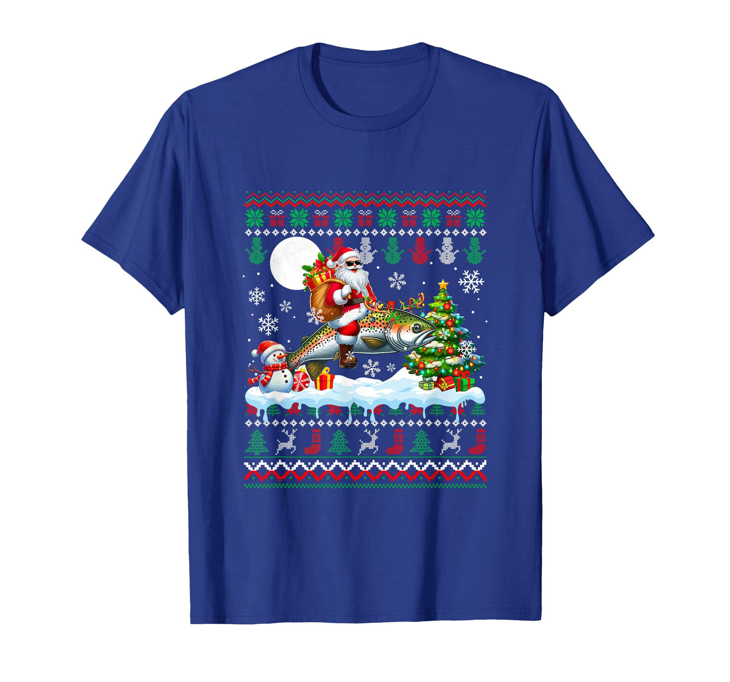 Santa Riding Reindeer Trout Fish Sweater Xmas Tree Snowman T-Shirt