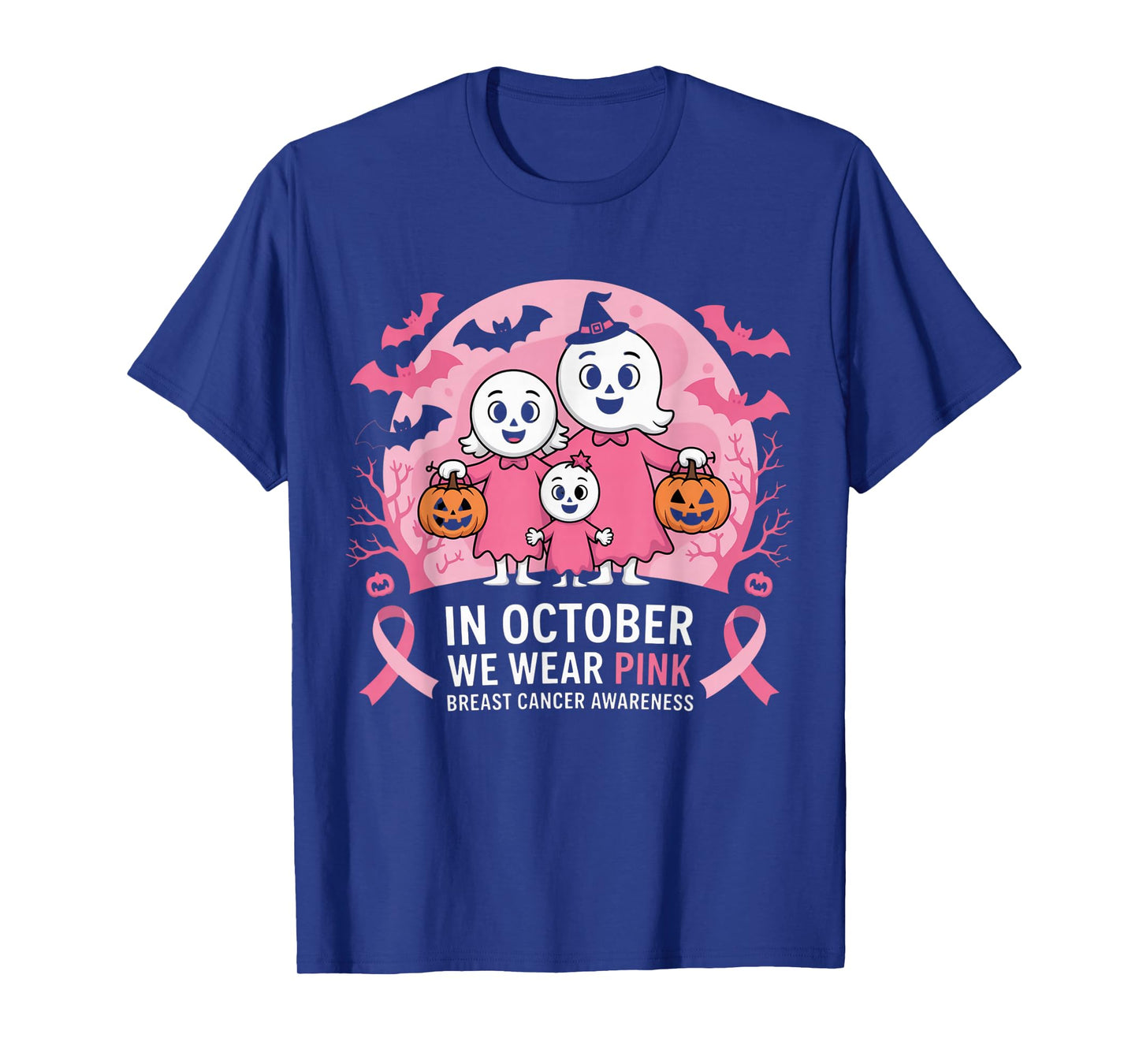 in October We Wear Pink Ghost Witch Breast Cancer Awareness T-Shirt