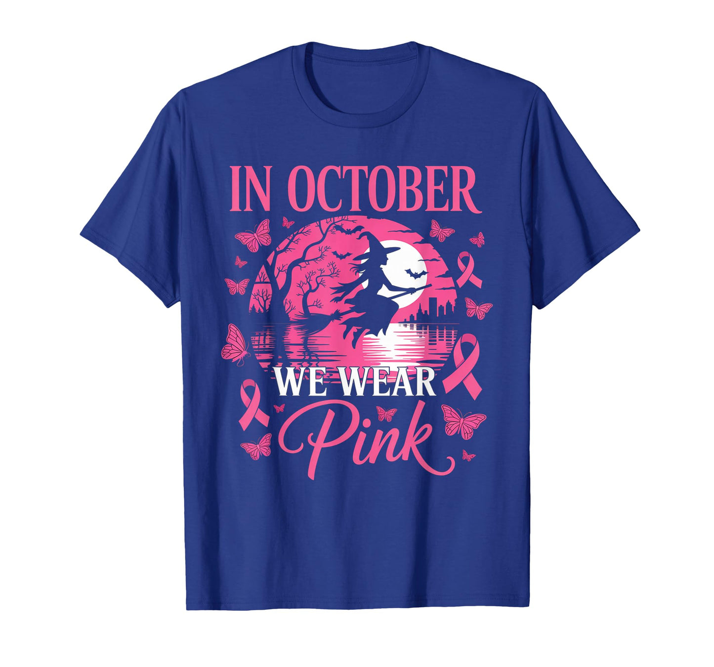 in October We Wear Pink Ribbon Halloween Witch Breast Cancer T-Shirt
