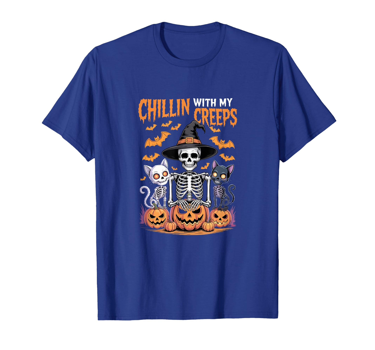 Chillin with My Creeps Halloween Cats Skeleton As Witch T-Shirt