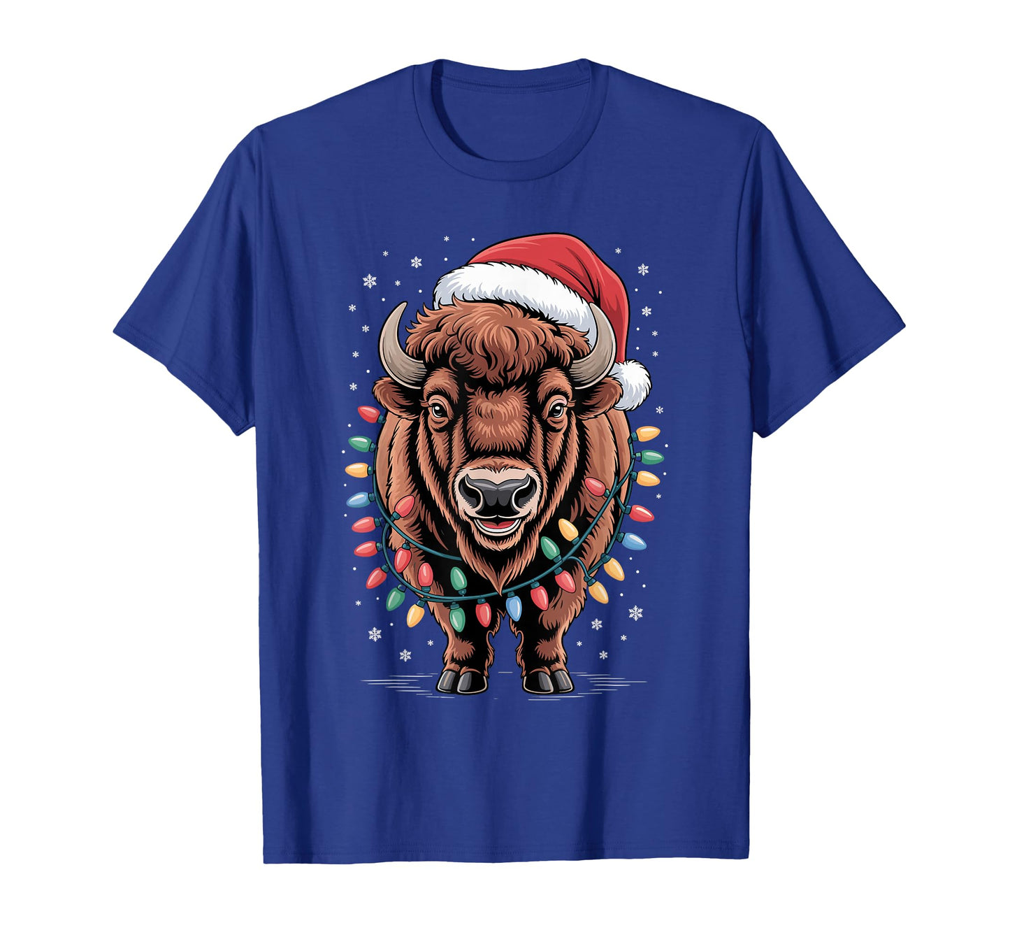 Christmas Bison Buffalo Holiday Colorful Light Santa Hat Fun T-Shirt