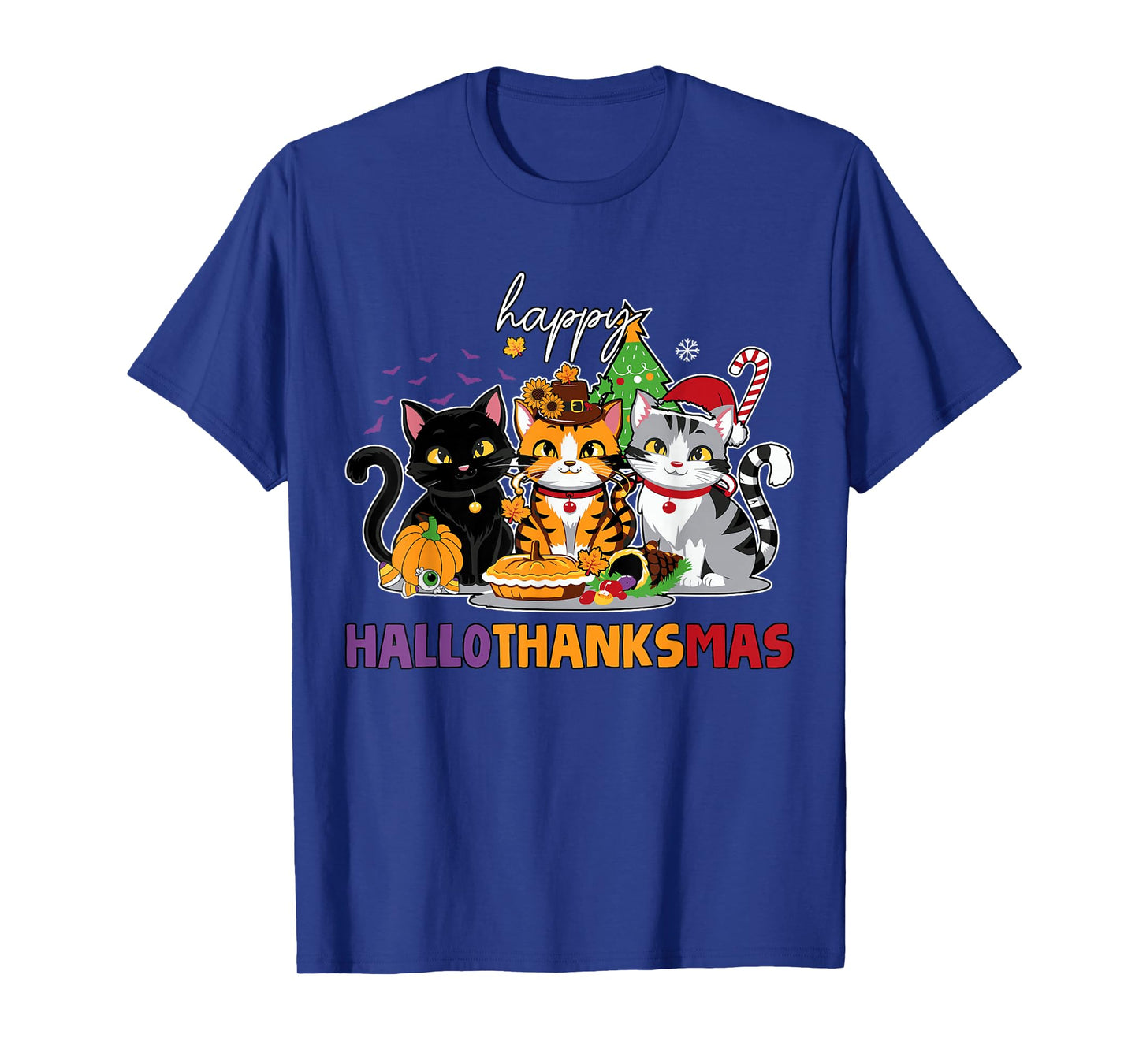 Halloween Thanksgiving Christmas Happy Hallothanksmas Cats T-Shirt