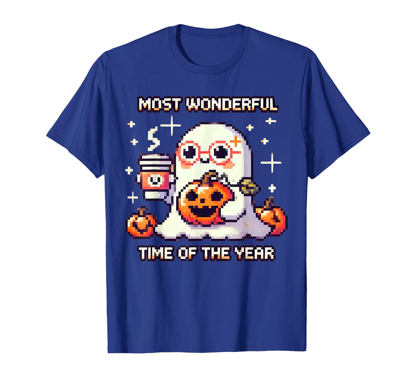 Halloween Pixel Ghost Drinking Coffee Lover Cute Ghost Gamer T-Shirt