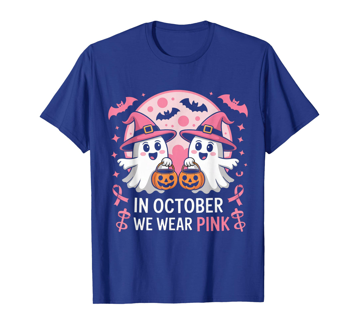 in October We Wear Pink Ghost Witch Breast Cancer Awareness T-Shirt
