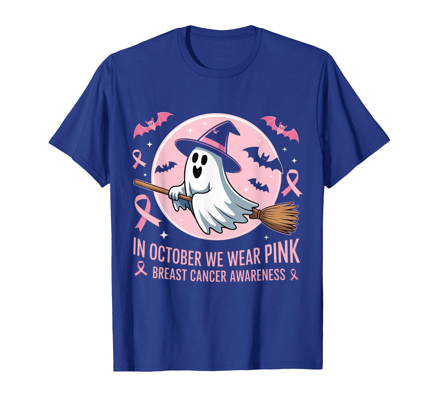 in October We Wear Pink Ghost Witch Breast Cancer Awareness T-Shirt