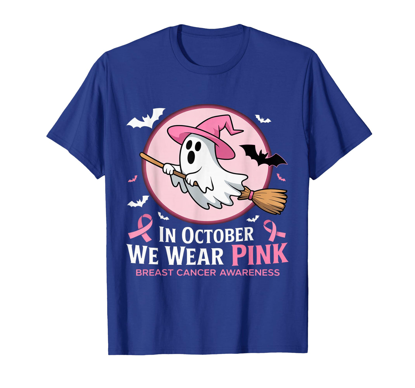in October We Wear Pink Ghost Witch Breast Cancer Awareness T-Shirt