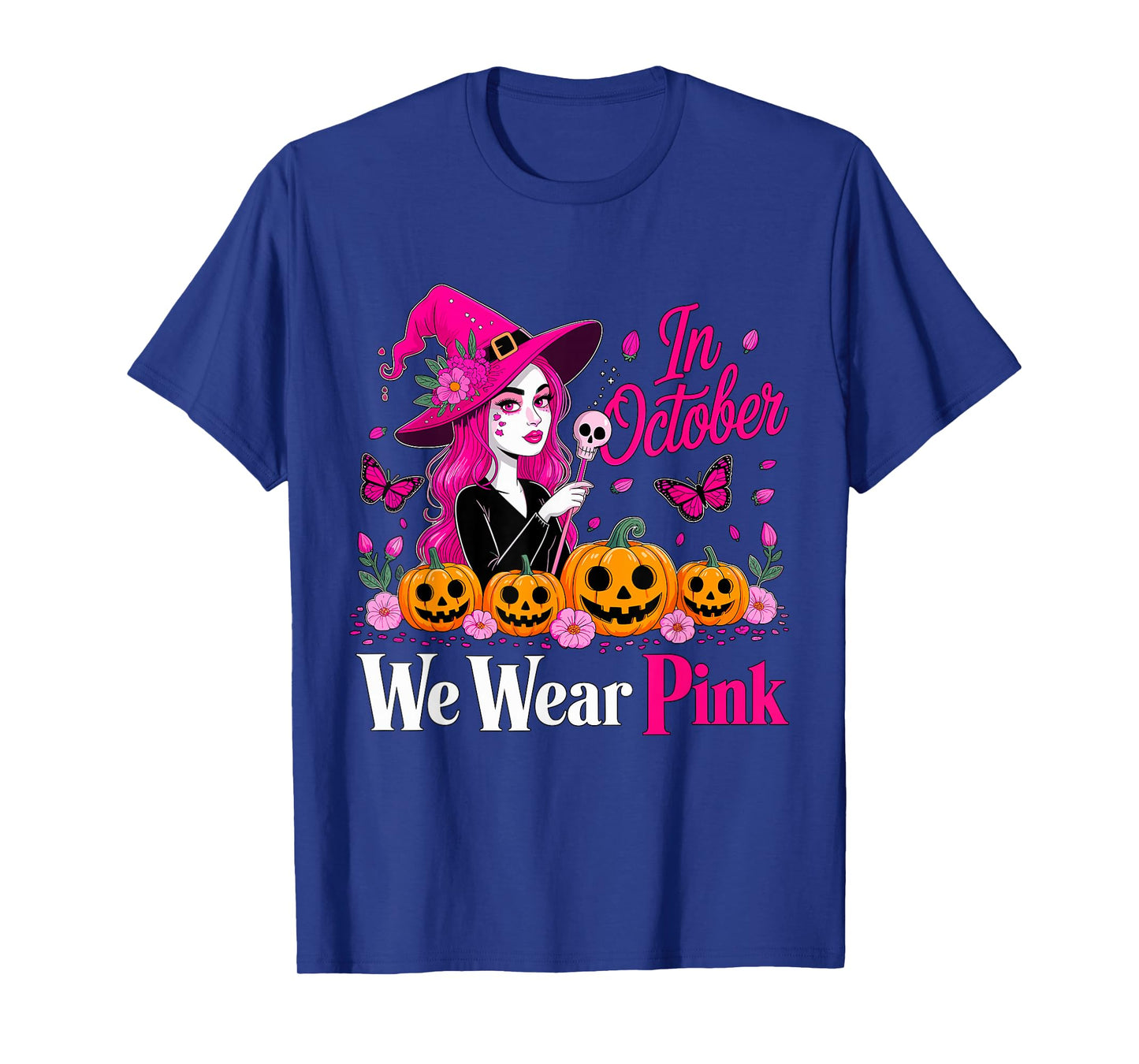in October We Wear Pink Breast Cancer Witch Halloween T-Shirt