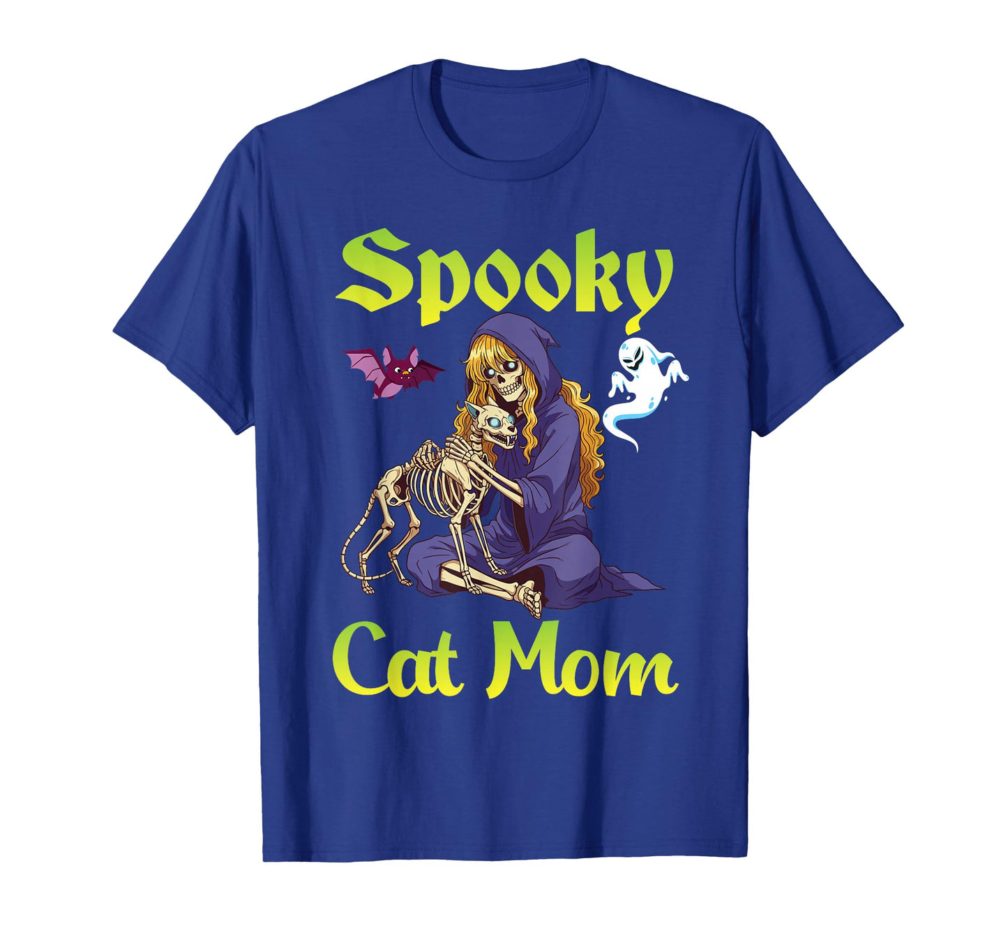 Spooky Cat Mom Halloween Skeleton Witch with Ghosts and Bat T-Shirt
