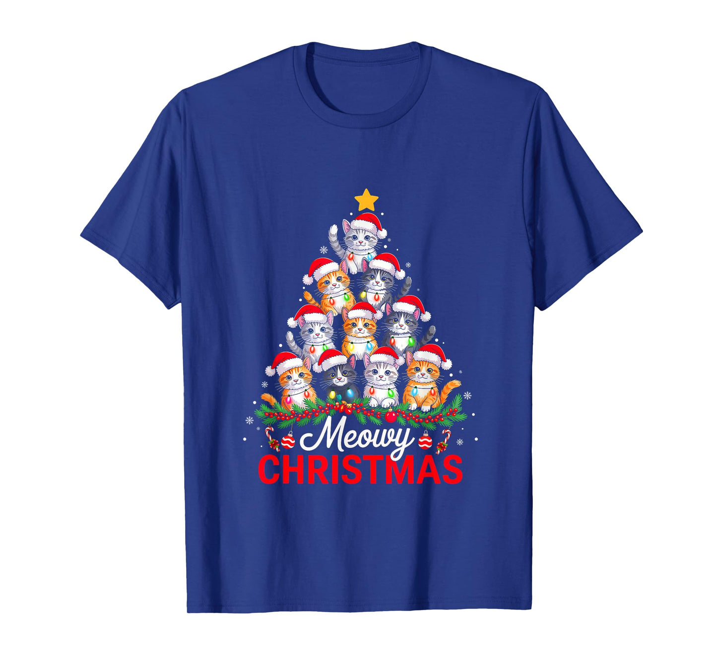 Meowy Christmas Tree Lights Cat Santa Xmas Family Men Women T-Shirt