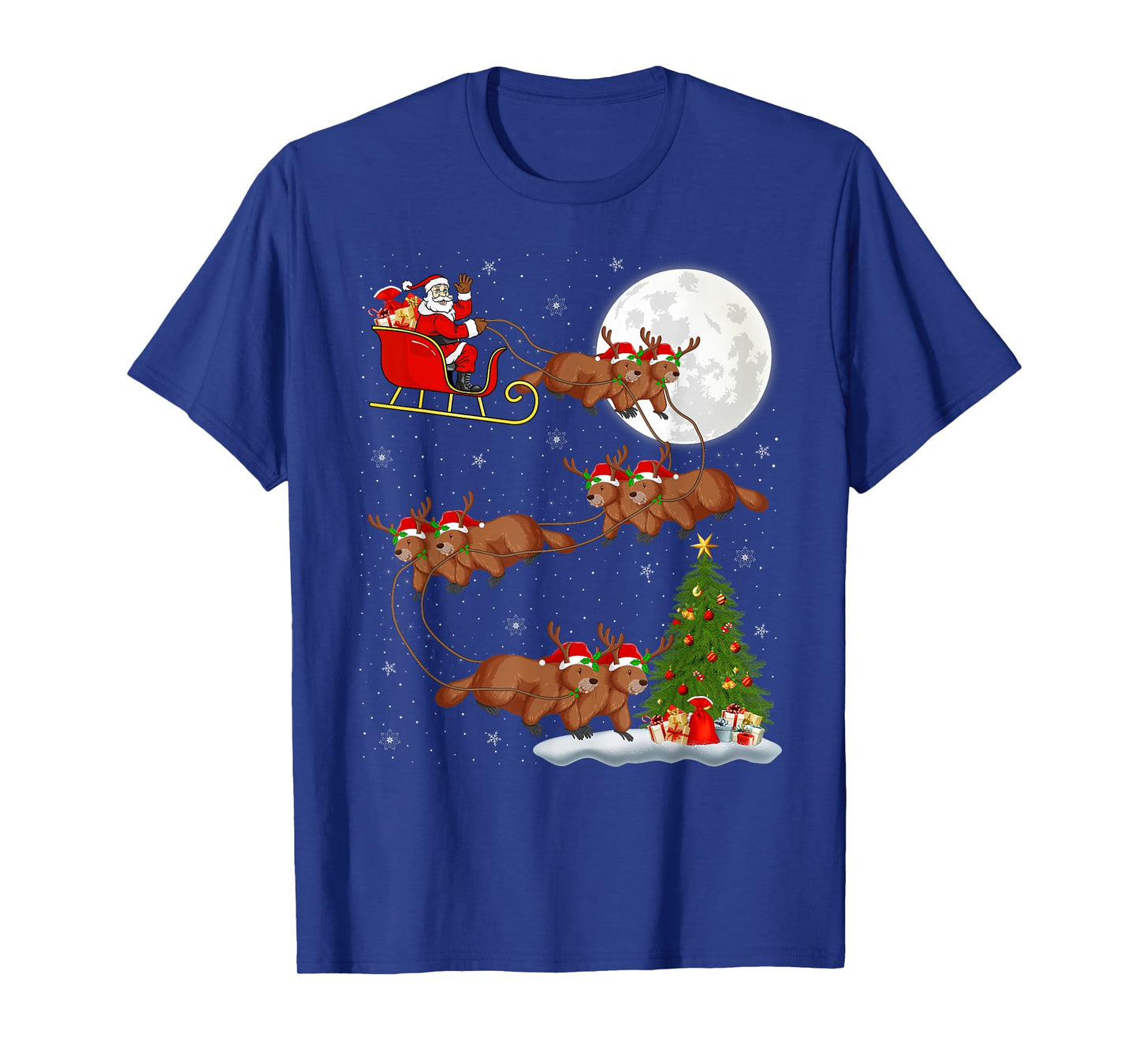 Beaver Santa Sleigh Flying Funny Magical Christmas T-Shirt