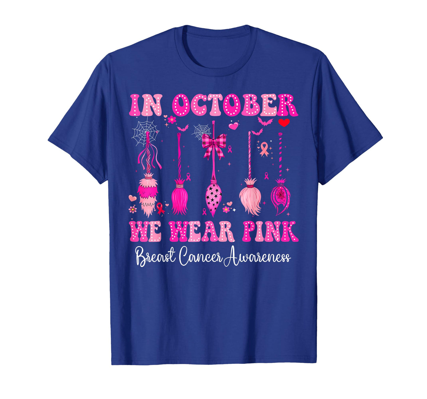in October We Wear Pink Witch Broom Breast Cancer Halloween T-Shirt