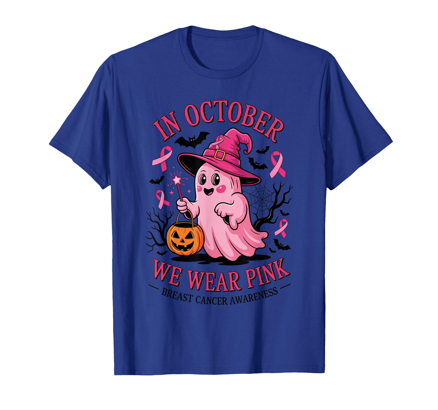 Ghost Witch in October We Wear Pink Breast Cancer Awareness T-Shirt