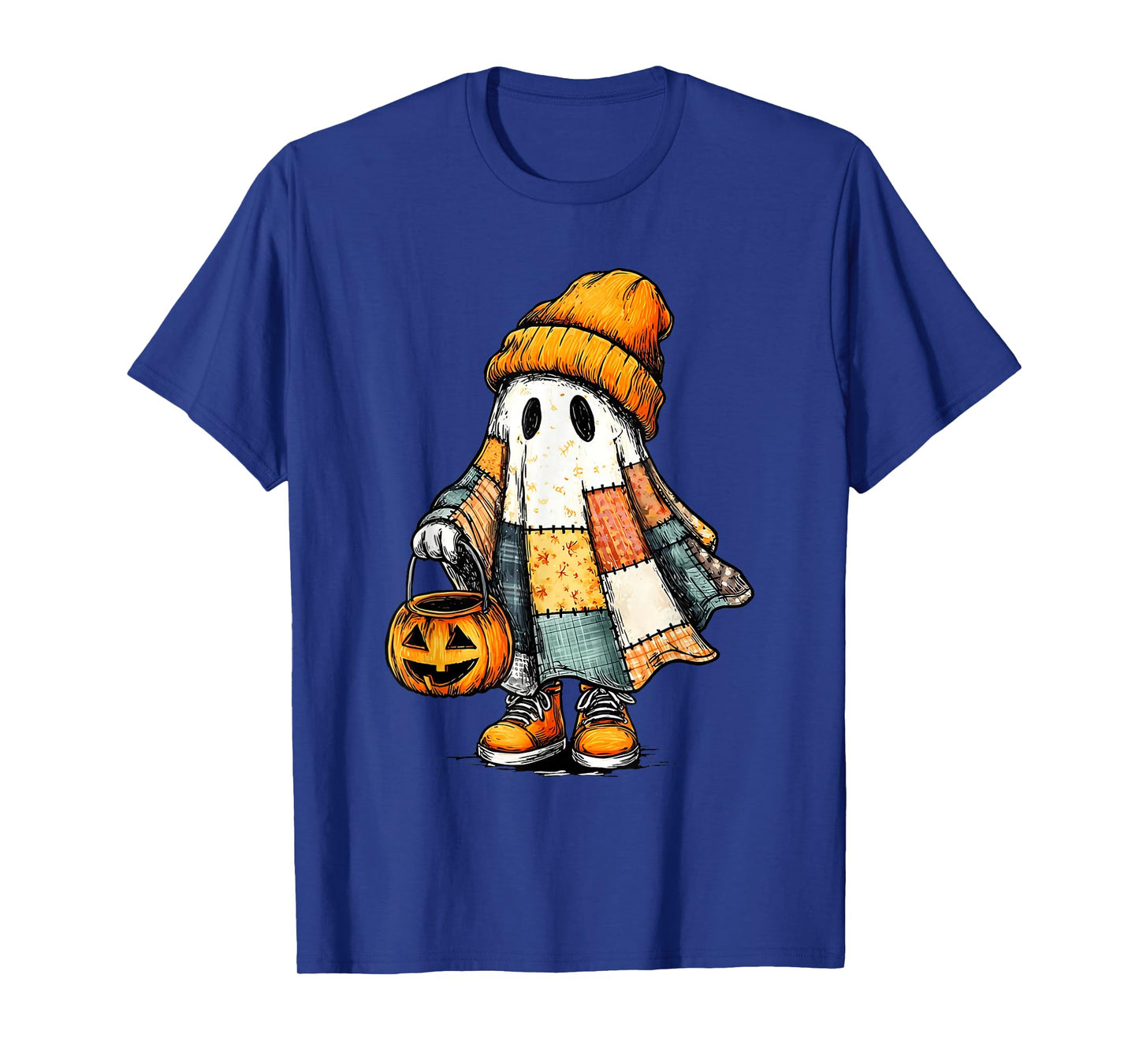 Retro Halloween Ghost Patchwork Spooky Ghost Fall Aesthetic T-Shirt