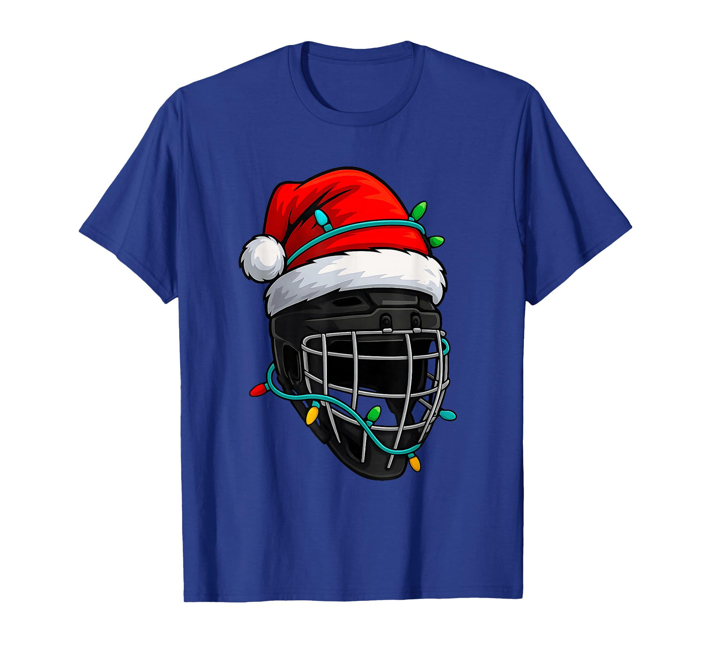 Hockey Christmas Santa Hat Lights Colorful Funny Player T-Shirt