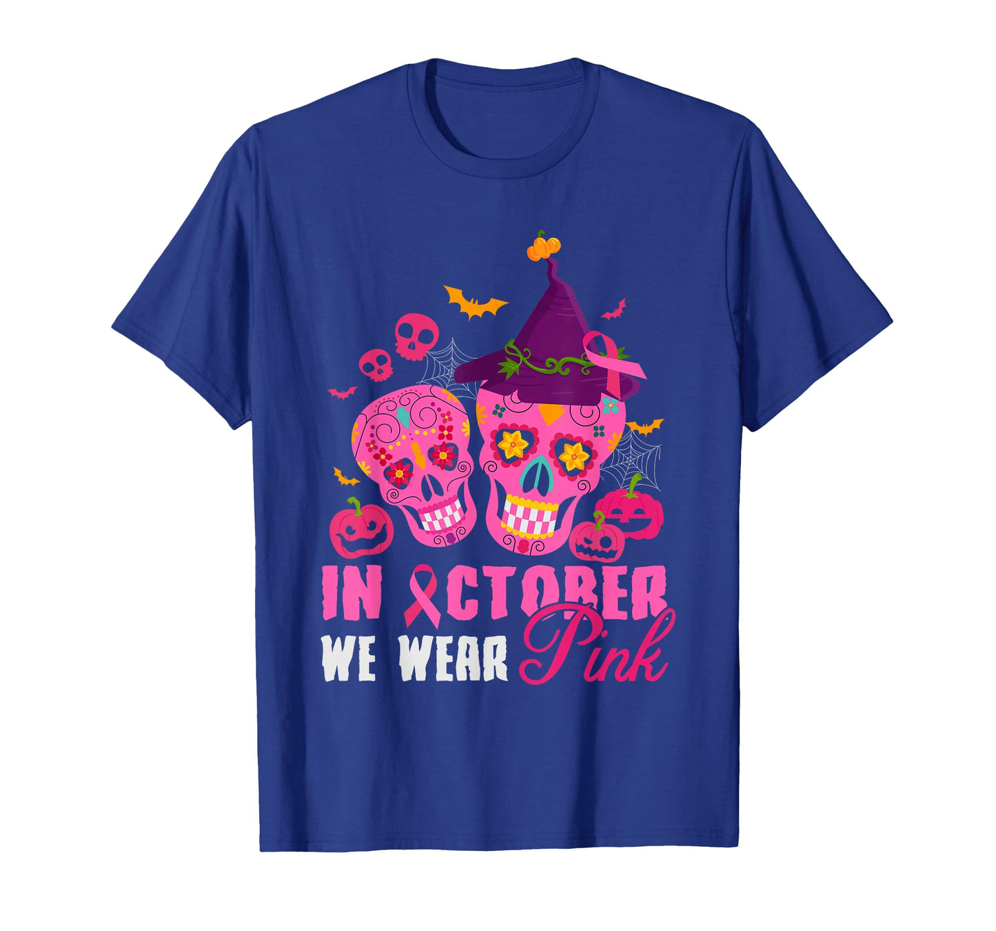 Halloween Breast Cancer in October We Wear Pink Skull Witch T-Shirt