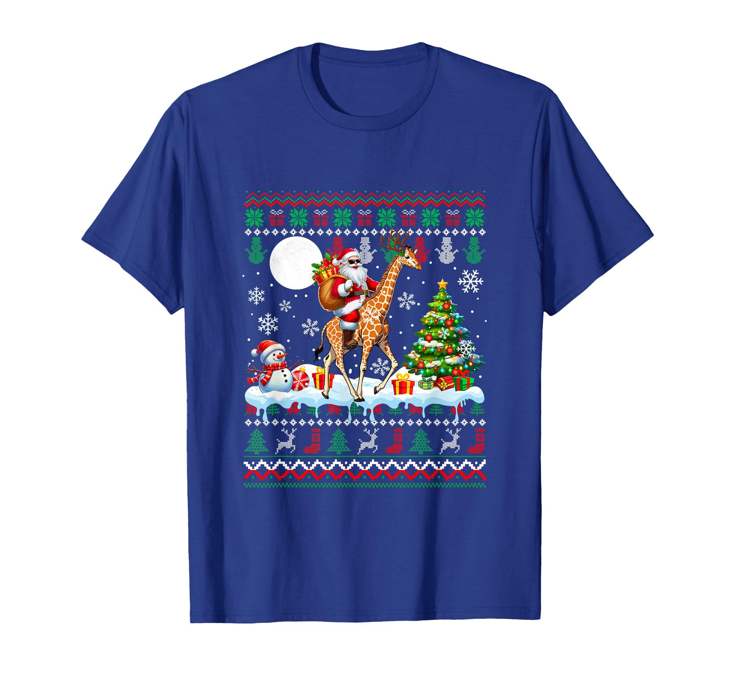Santa Sunglasses Riding Giraffe Christmas Sweater Snowman T-Shirt