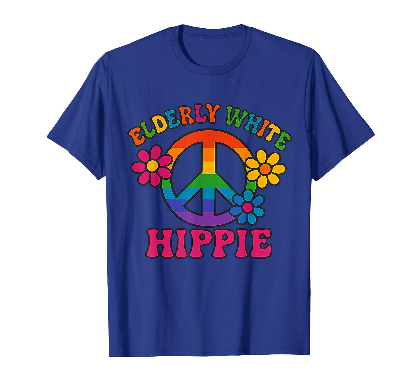 Elderly White Hippie Retro Rainbow Peace Sign Flowers Trendy T-Shirt