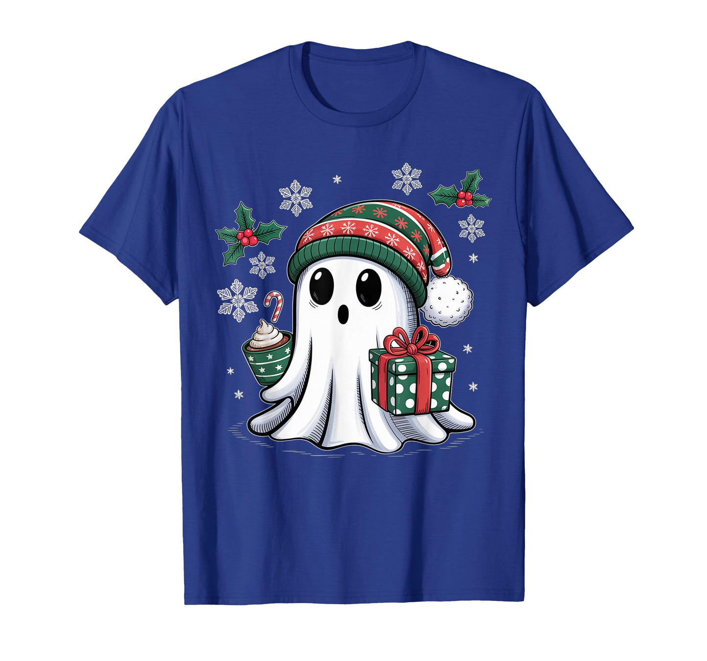 Cute Christmas Ghost Spirit with Santa Hat Coffee and Gift T-Shirt