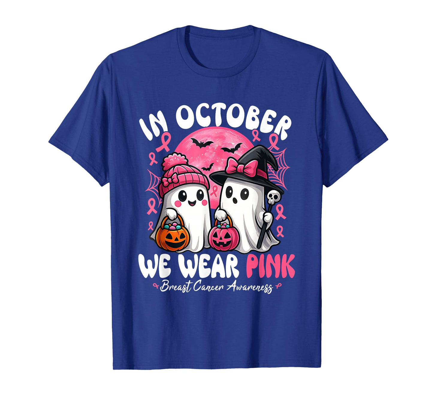 in October We Wear Pink Ghost Witch Breast Cancer Awareness T-Shirt