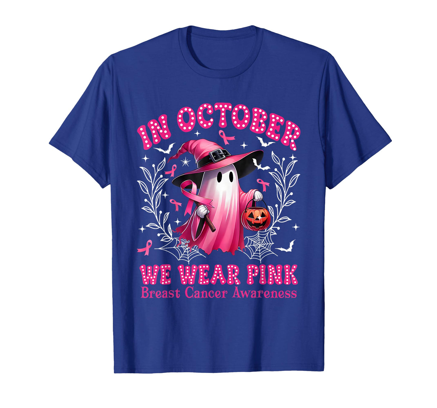 in October We Wear Pink Ghost Witch Breast Cancer Awareness T-Shirt