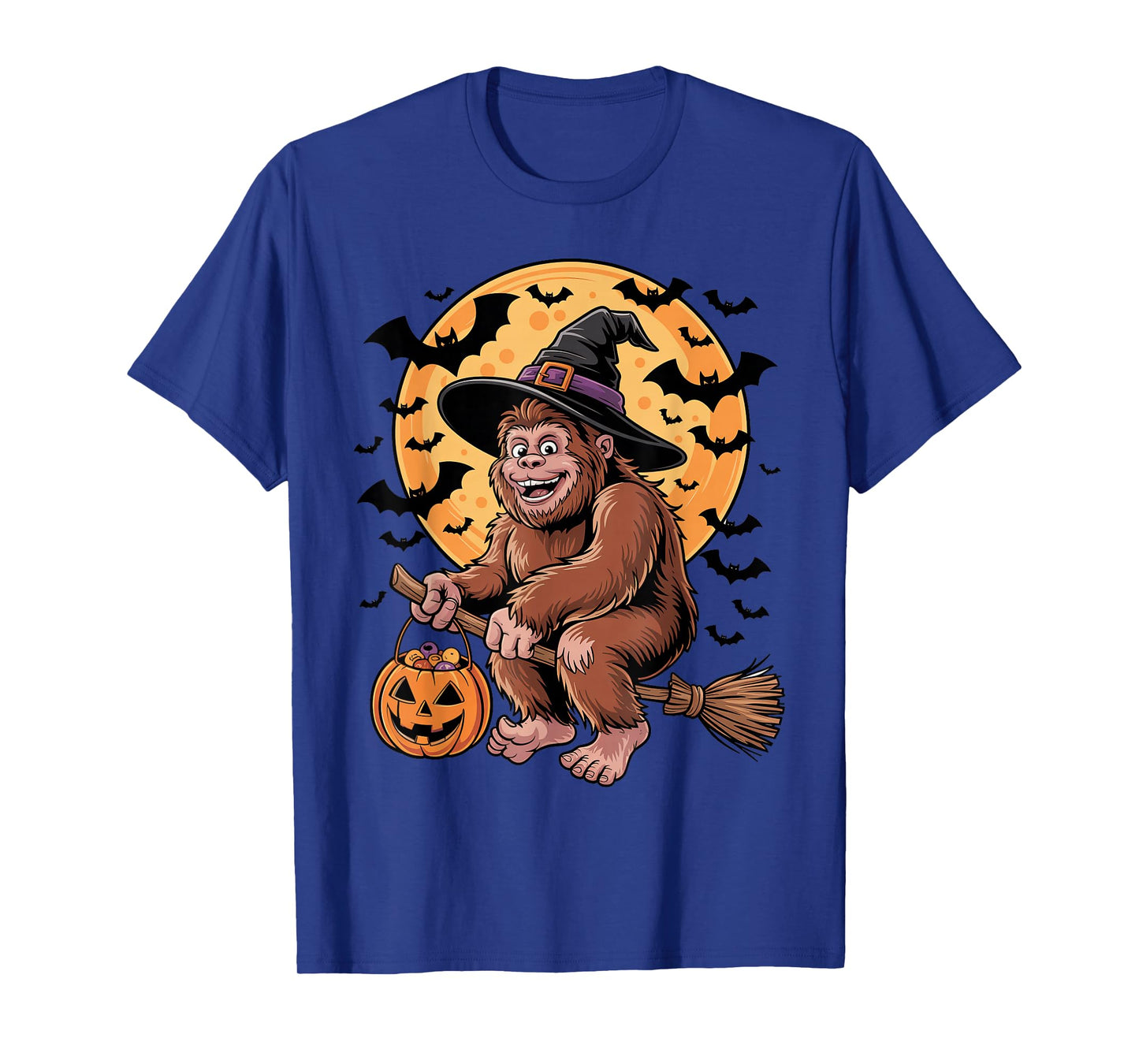 Halloween Bigfoot Witch Hat and Broom Pumpkin Candy Bucket T-Shirt