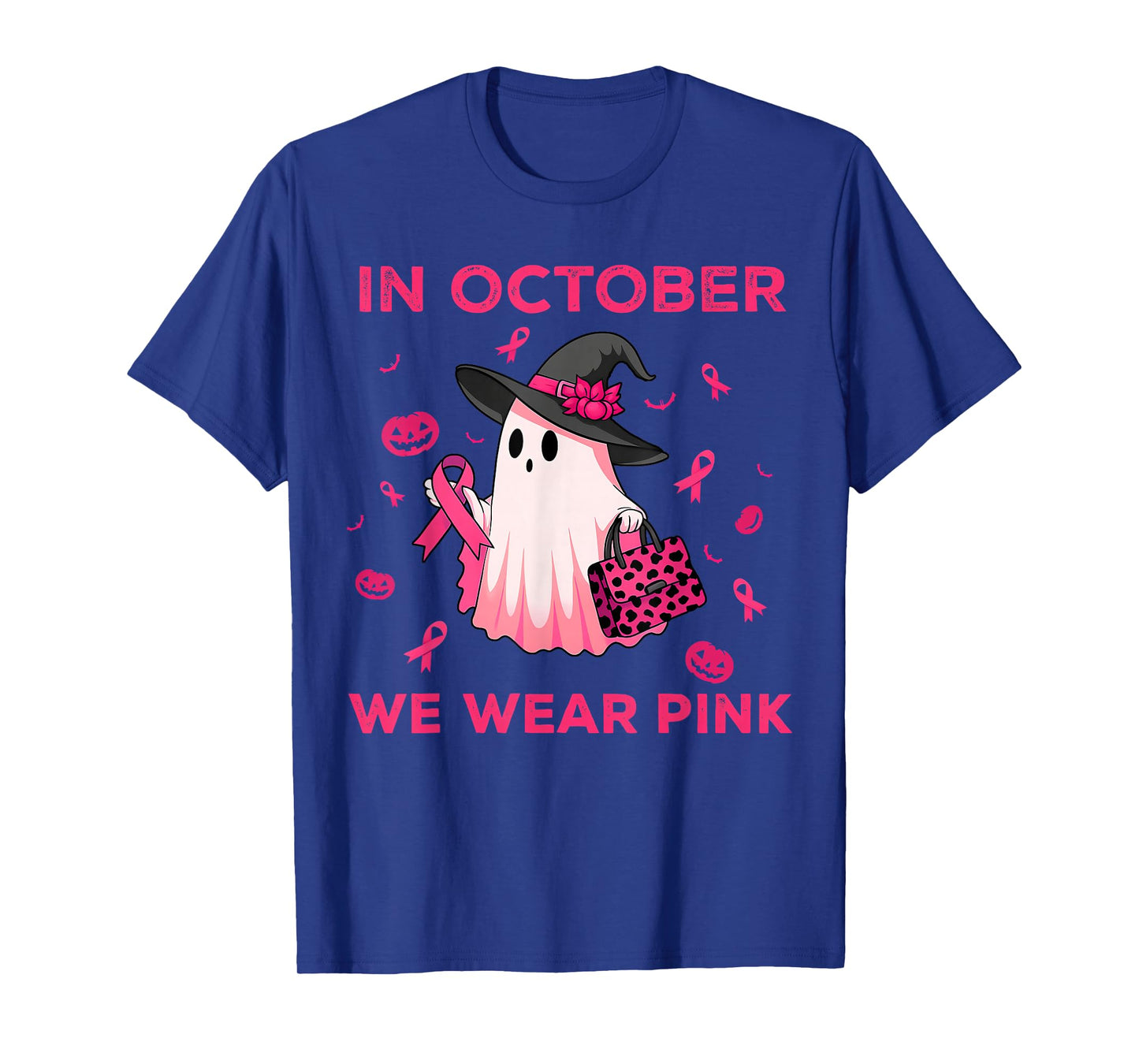 in October We Wear Pink Witch Ghost Breast Cancer Awareness T-Shirt