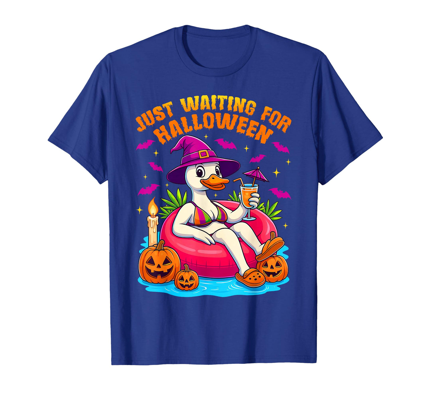 Funny Just Waiting for Halloween Goose & Wicth Hat On Float T-Shirt