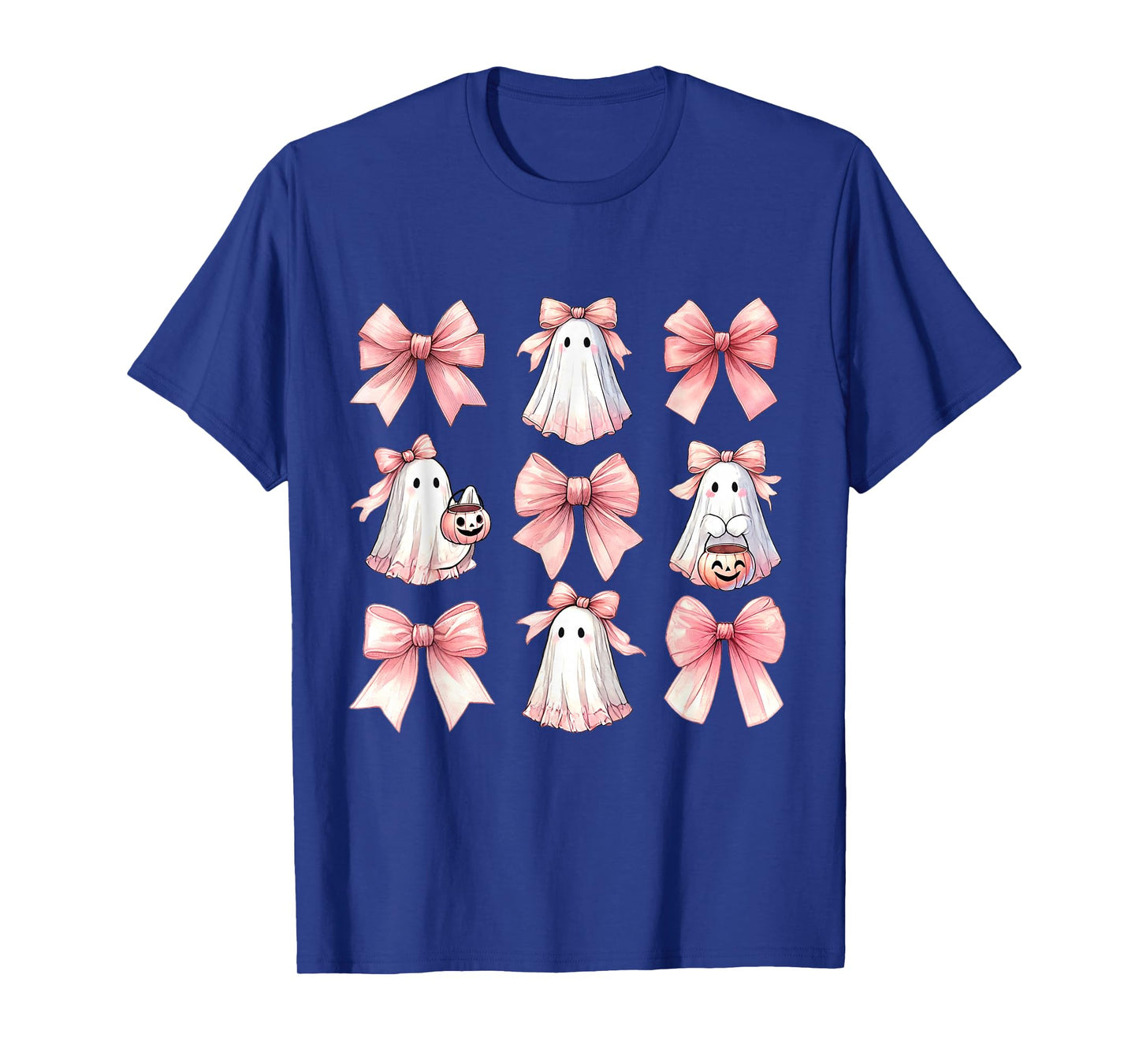 Cute Ghost Florals Pink Coquette Bows Pumpkins Halloween T-Shirt