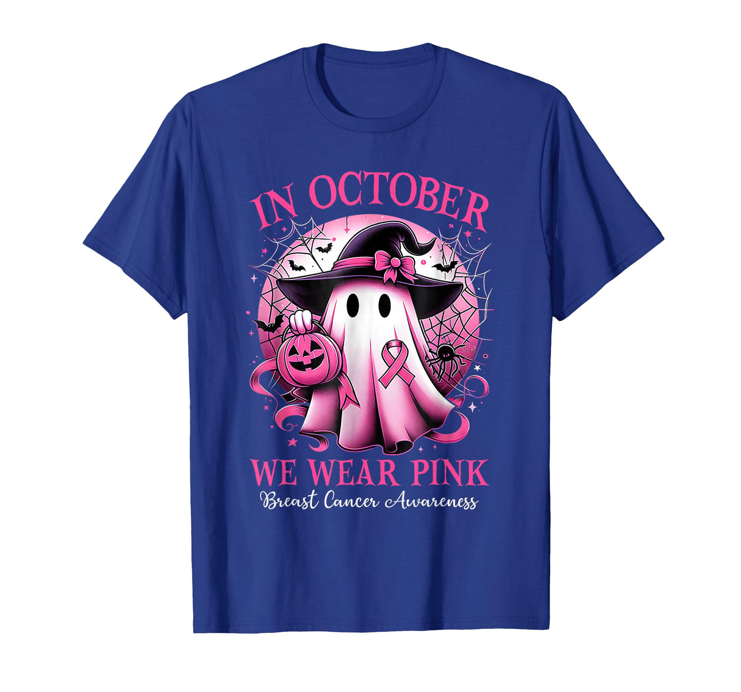 in October We Wear Pink Ghost Witch Breast Cancer Awareness T-Shirt
