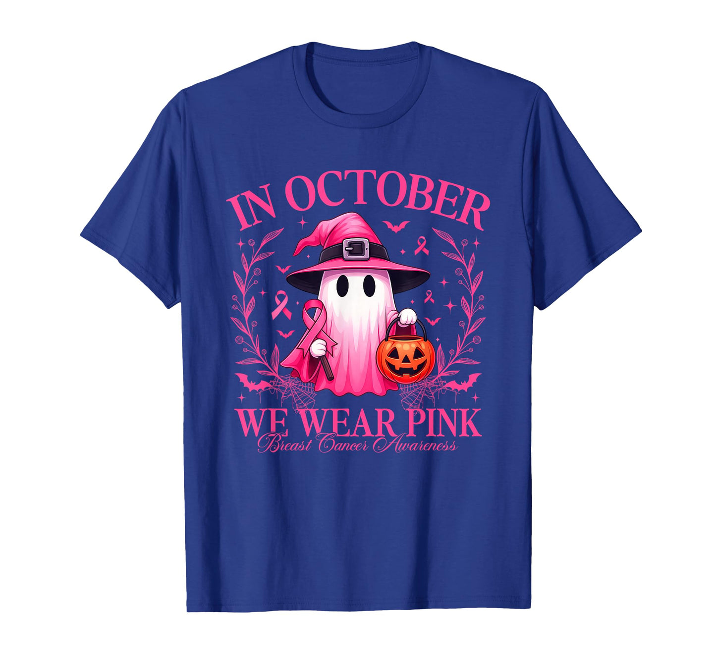Ghost Witch in October We Wear Pink Breast Cancer Awareness T-Shirt