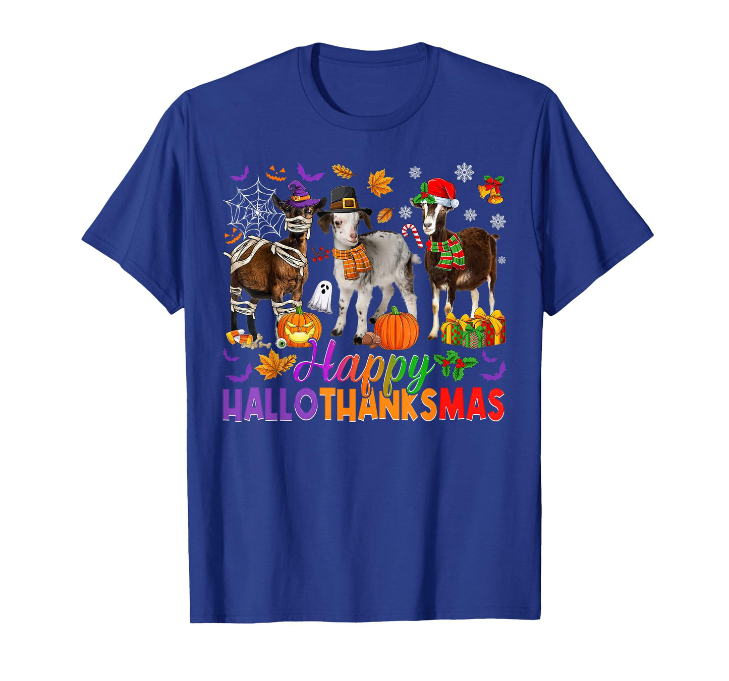 Happy Hallothanksmas Halloween Thanksgiving Christmas Goats T-Shirt