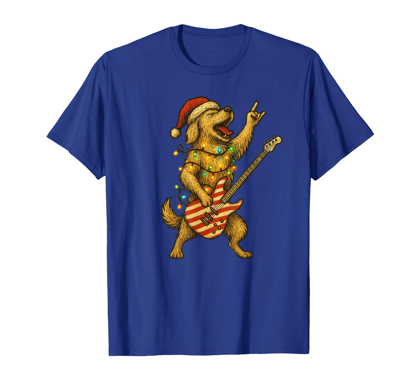 Christmas Golden Retriever Dog Playing Electric Guitar Rock T-Shirt
