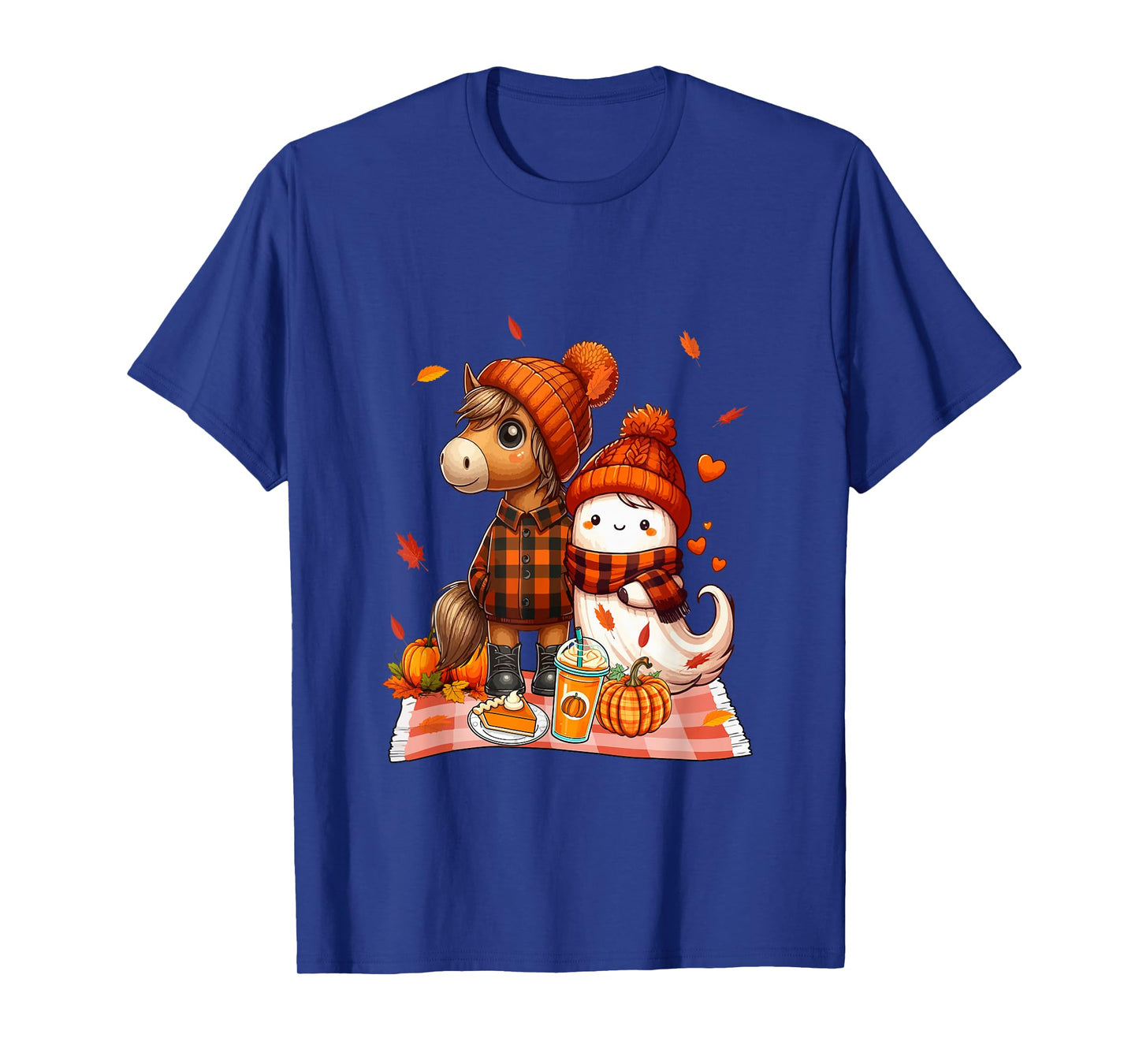 Horse with Boo Halloween Thanksgiving Fall Leaves Pumpkins T-Shirt