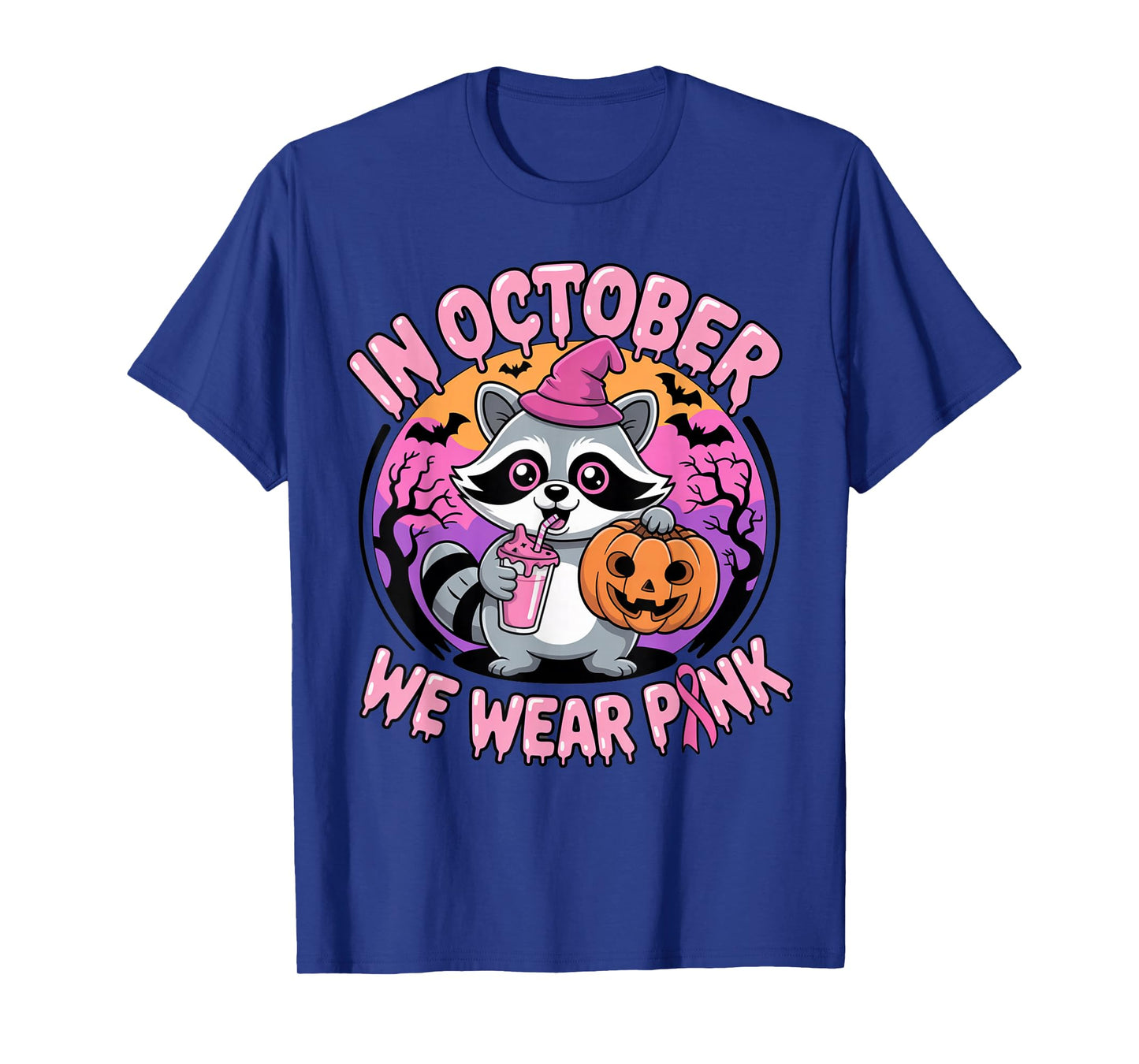 in October We Wear Pink Raccoon Spooky Witch Pumpkin Squad T-Shirt