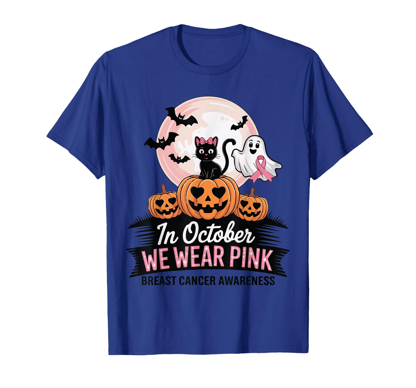 in October We Wear Pink Ghost Witch Breast Cancer Awareness T-Shirt