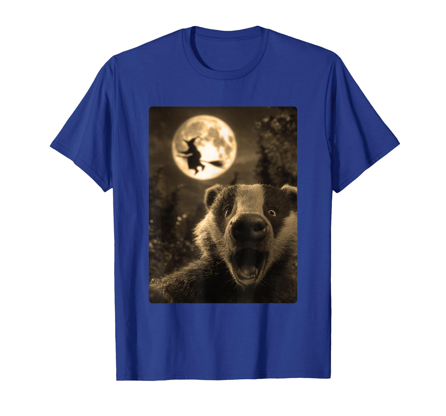 Funny Badger Selfie Full Moon Flying Witch Forest Halloween T-Shirt