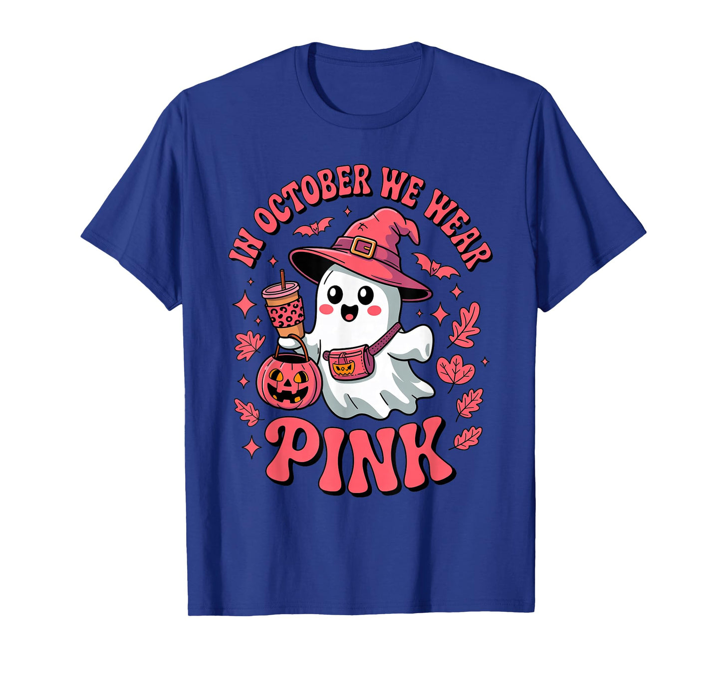 Cute Ghost with Coffee in October We Wear Pink Breast Cancer T-Shirt