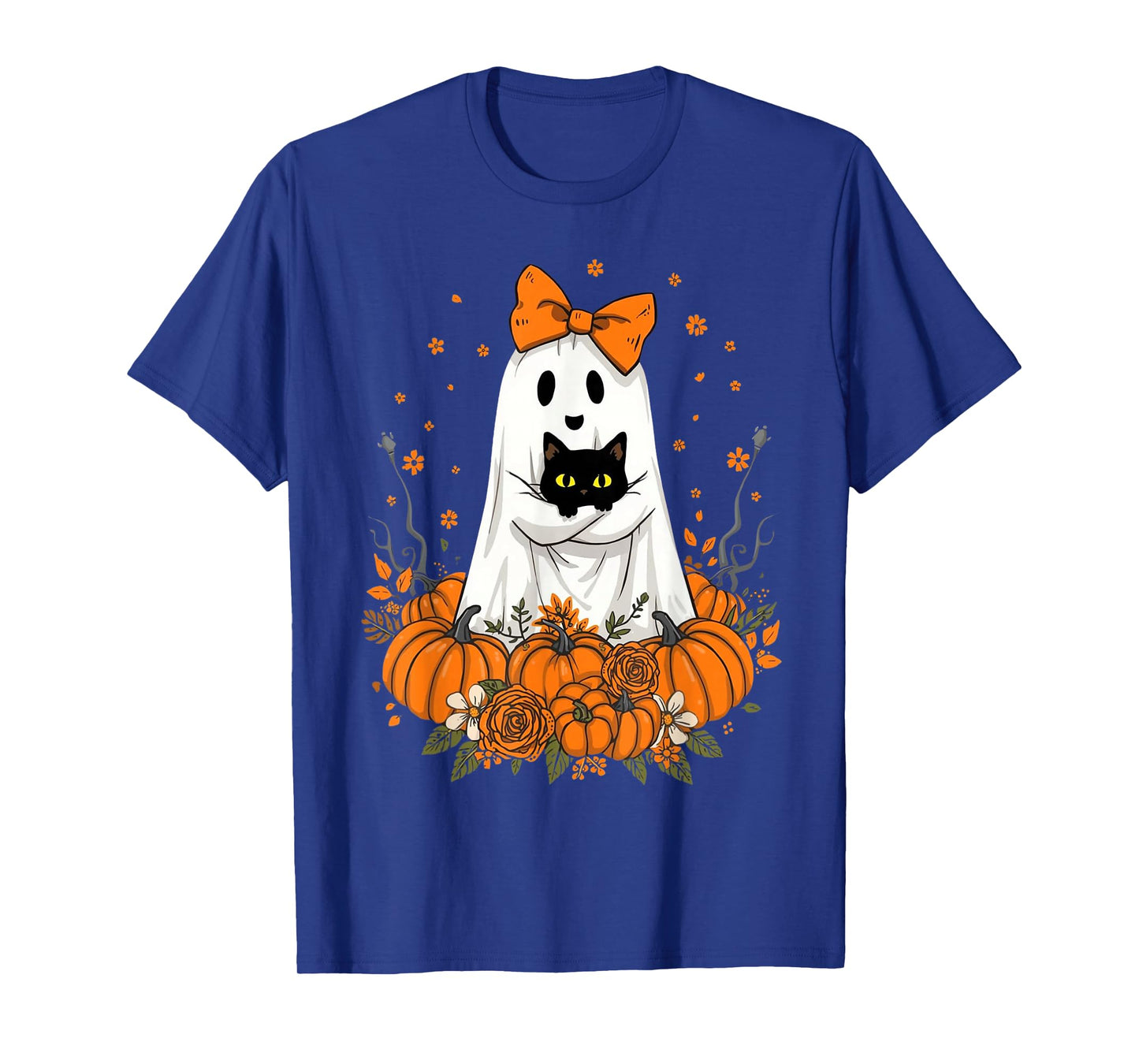 Vintage Halloween Ghost Holding Cat Groovy Floral Cat Meme T-Shirt