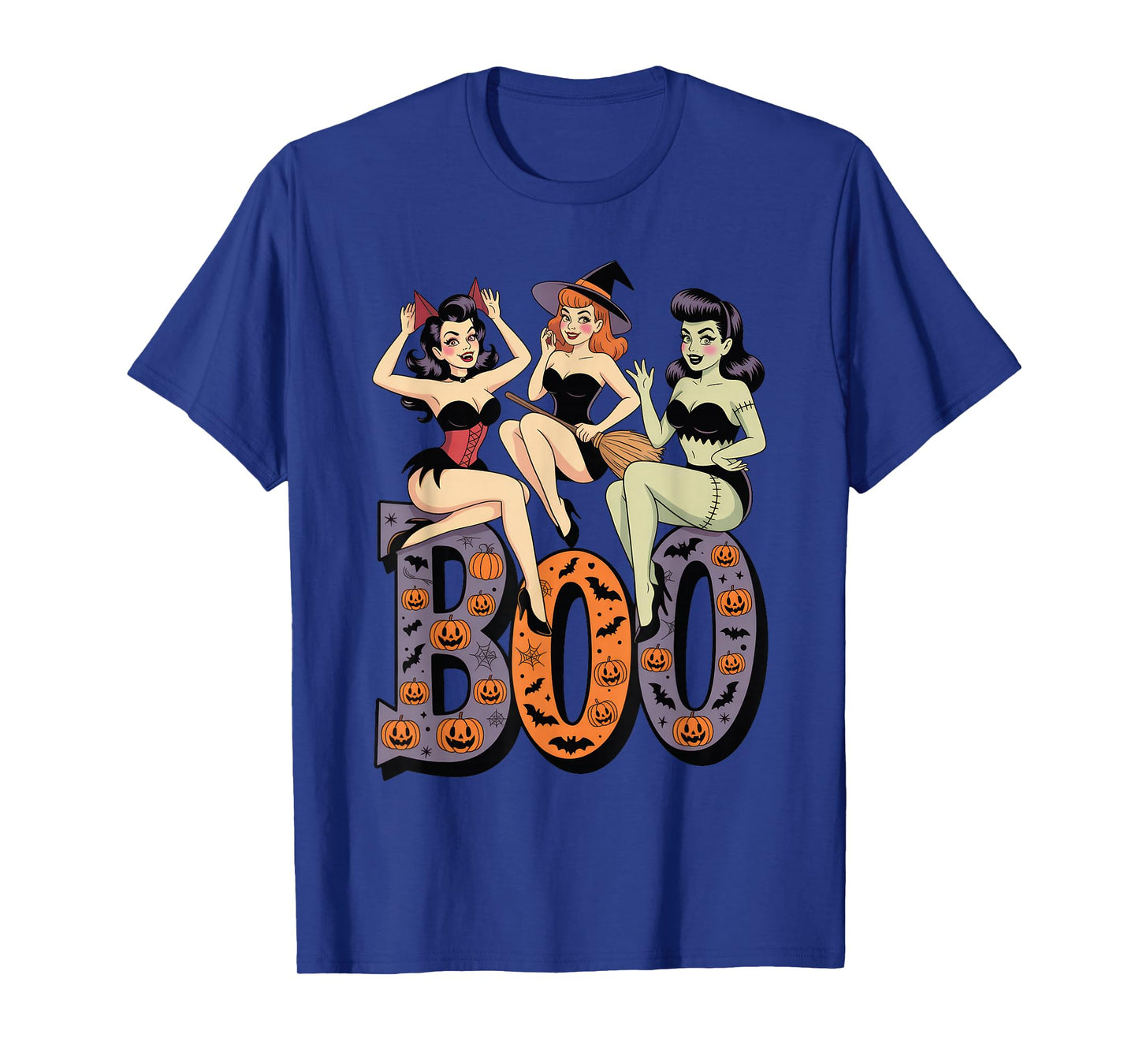 Vintage Halloween Pinup Trio Retro Boo Witches Devil Monster T-Shirt