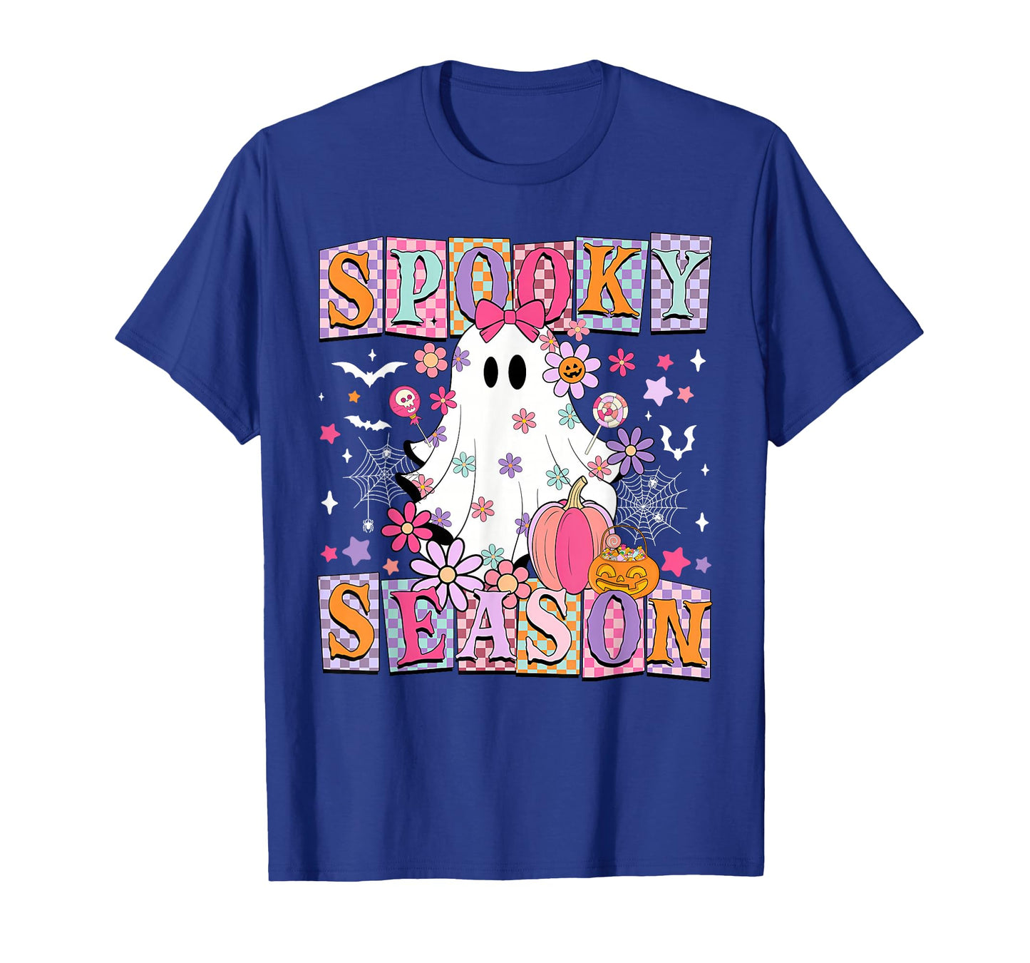 Floral Halloween Ghost Checkered Spooky Season Women Girls T-Shirt
