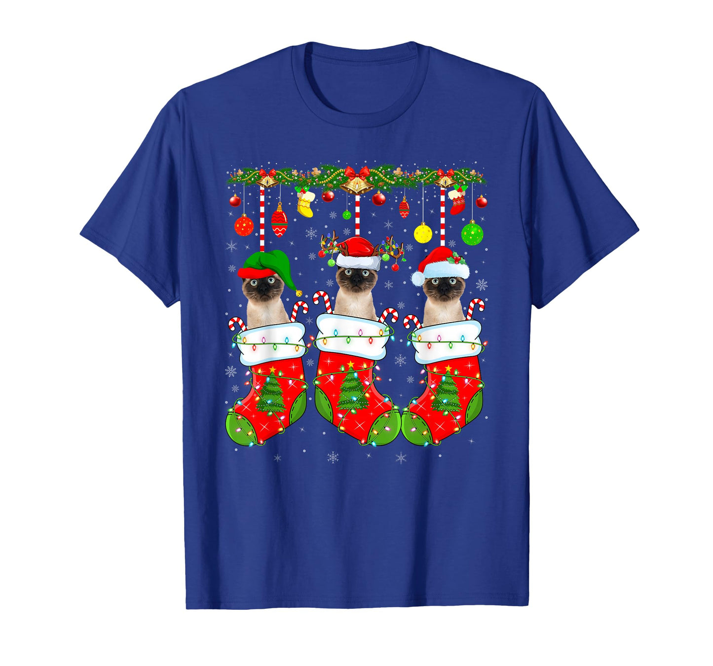 Siamese Cats in Christmas Socks Funny Cat Xmas Pajamas T-Shirt